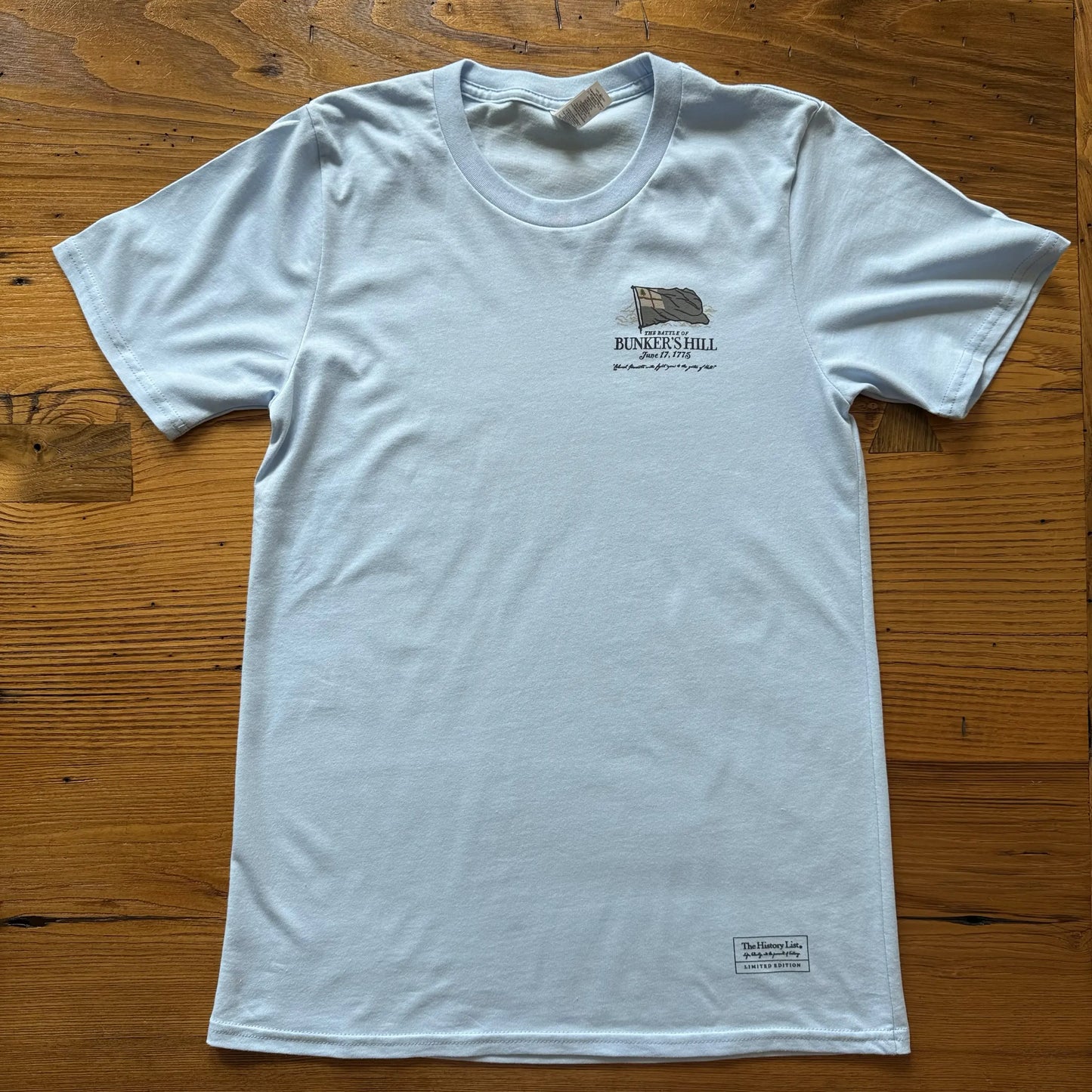 Front view of the Light Grey "The Battle of Bunker's Hill" Made in America Shirt from The History List Store.