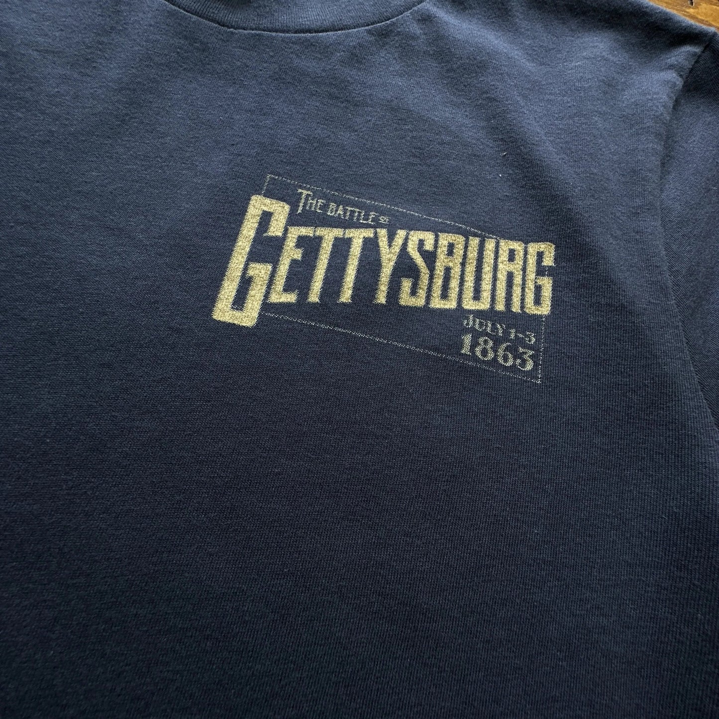 Close-up of front of "The Battle of Gettysburg" Long-sleeved shirt from The History List store