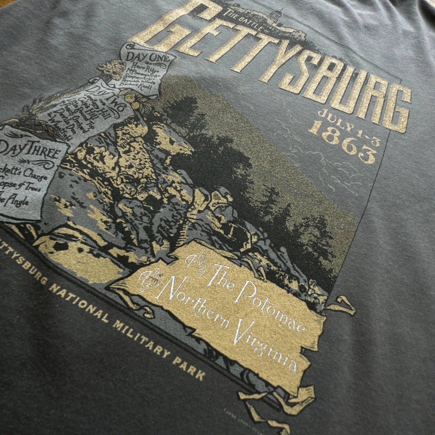 Close-up of the back of "The Battle of Gettysburg" Shirt from The History List store in grey