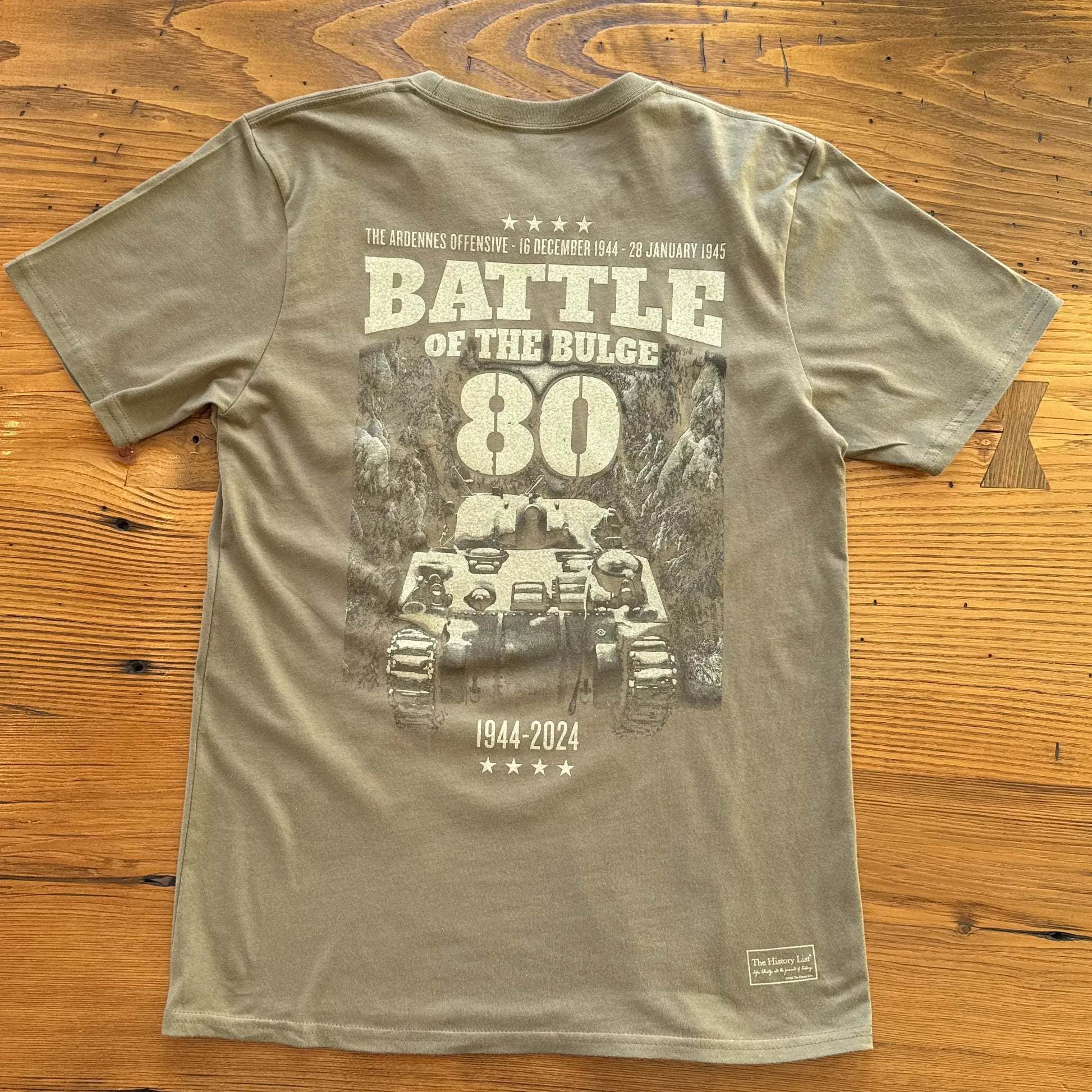 Back of The Battle of the Bulge - 80th Anniversary Made in America Shirt from The History List store in Military green
