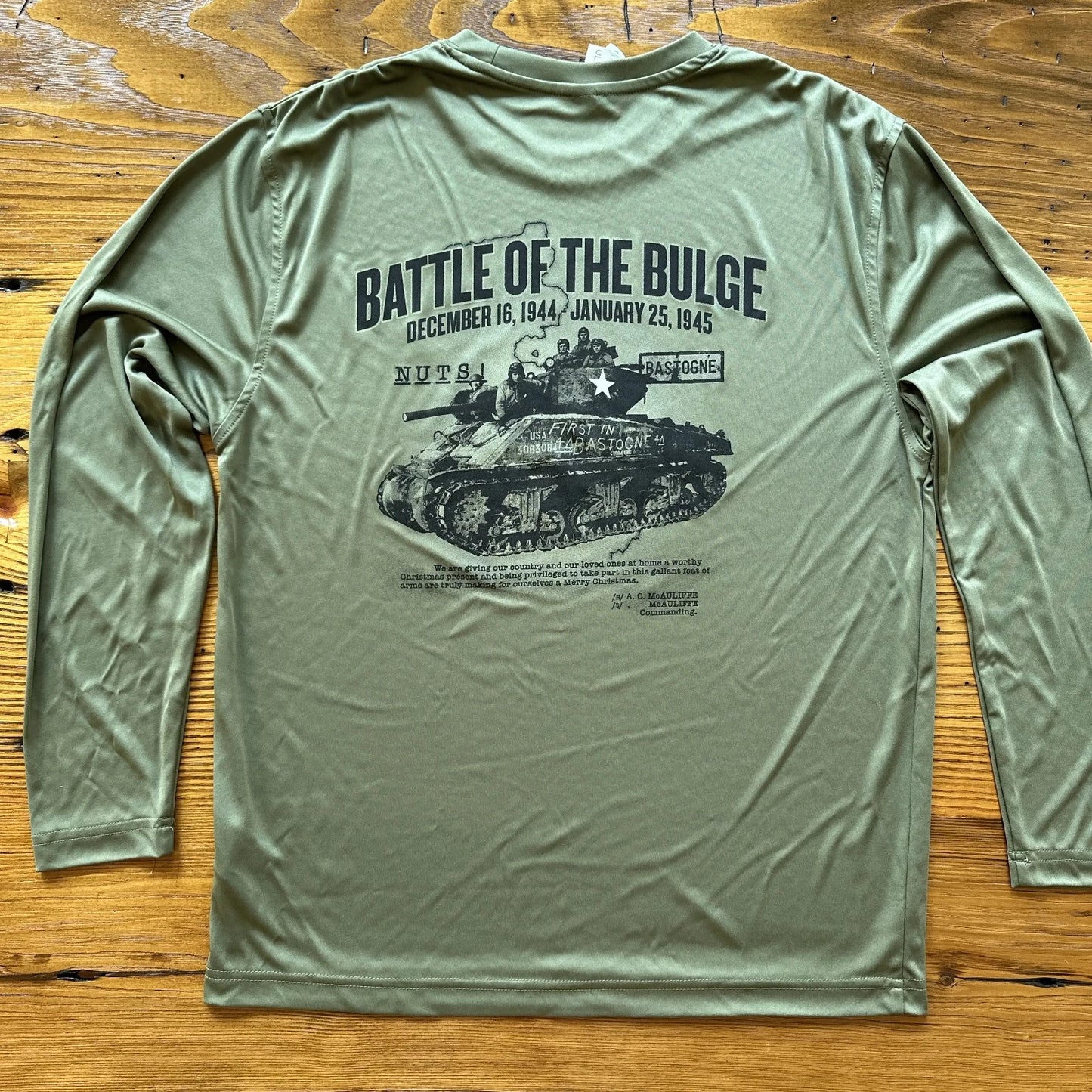 Back of The Battle of the Bulge moisture-wicking UV shirt from The History List store
