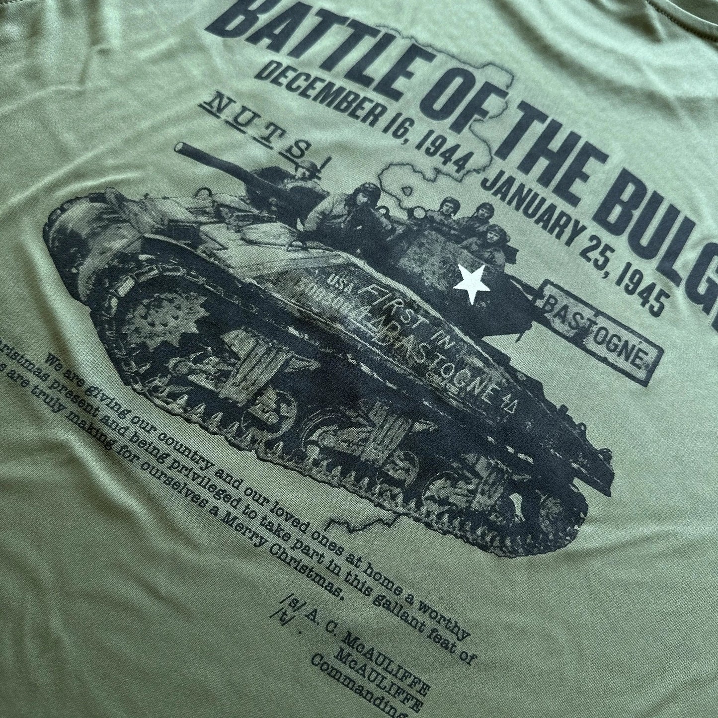 Close-up of the back of The Battle of the Bulge moisture-wicking UV shirt from The History List store