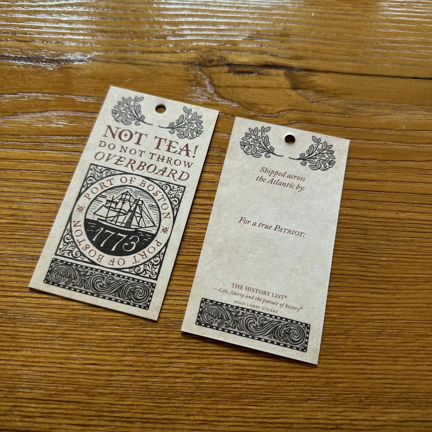 Front and back of the Boston Tea Party Gift Tag from The History List store