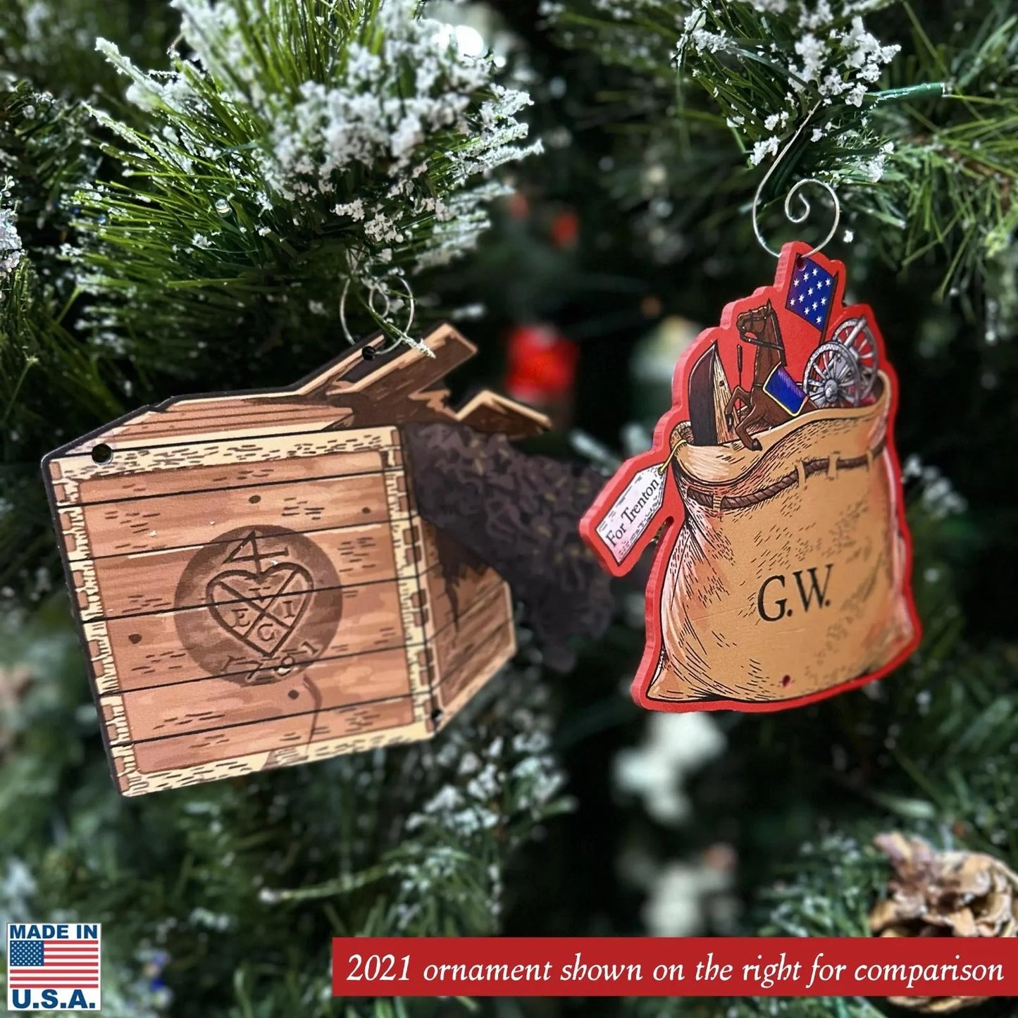 Comparison of Boston Tea Party and George Washington Christmas Crossing ornaments from The History List store