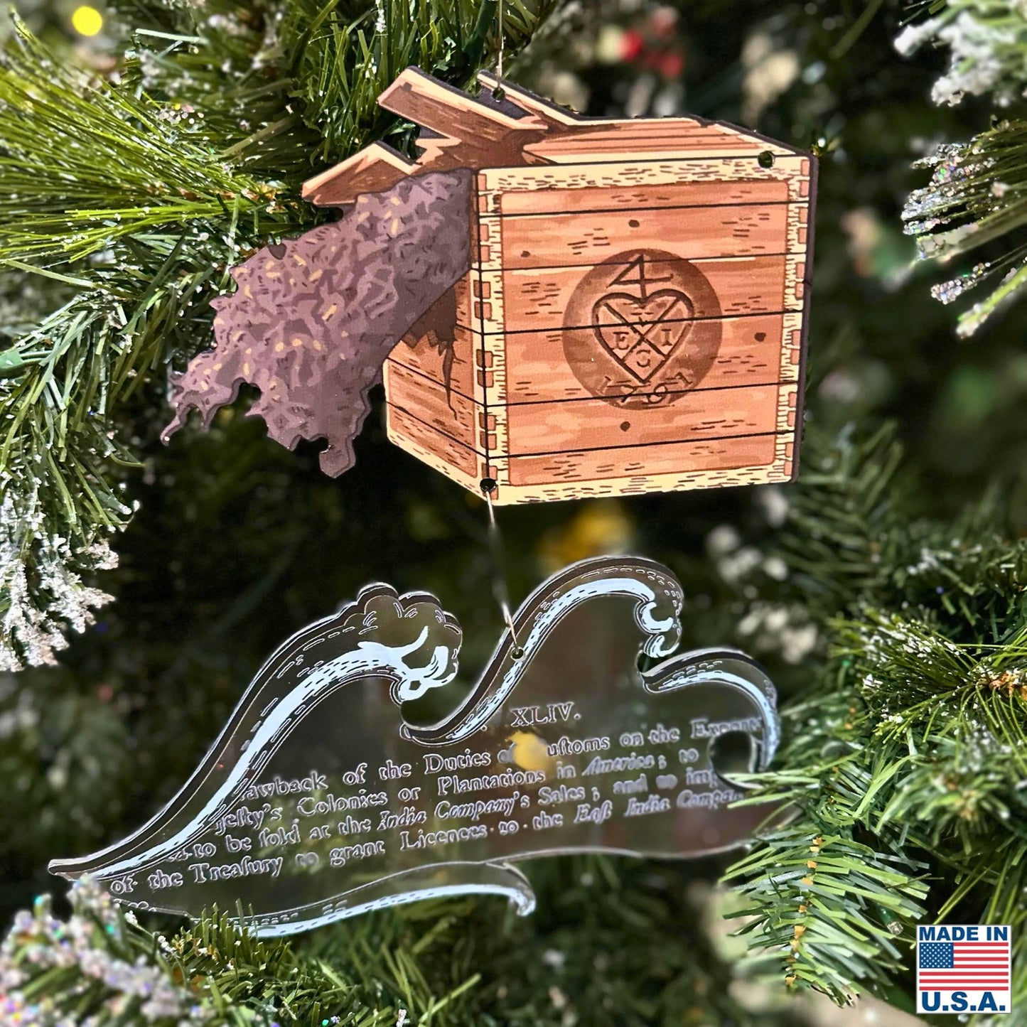 Crate and wave from Boston Tea Party 250th Anniversary Ornament — Made in America from The History List store