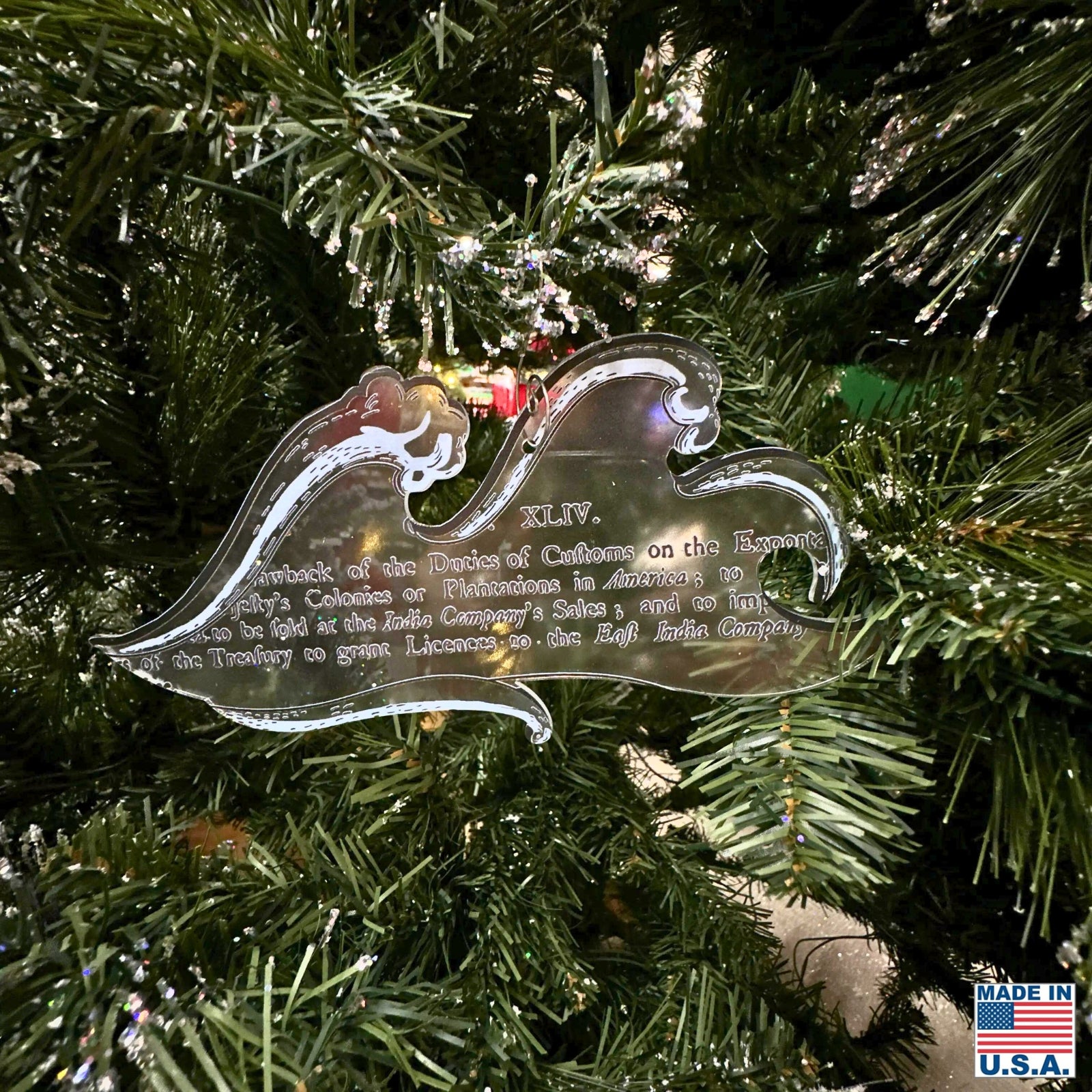 Wave with text from Boston Tea Party 250th Anniversary Ornament — Made in America from The History List store