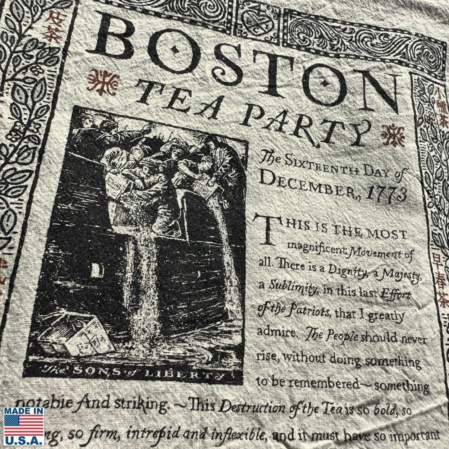 Close-up of the Boston Tea Party 250th Anniversary Tea Towel — Made in America from The History List store'