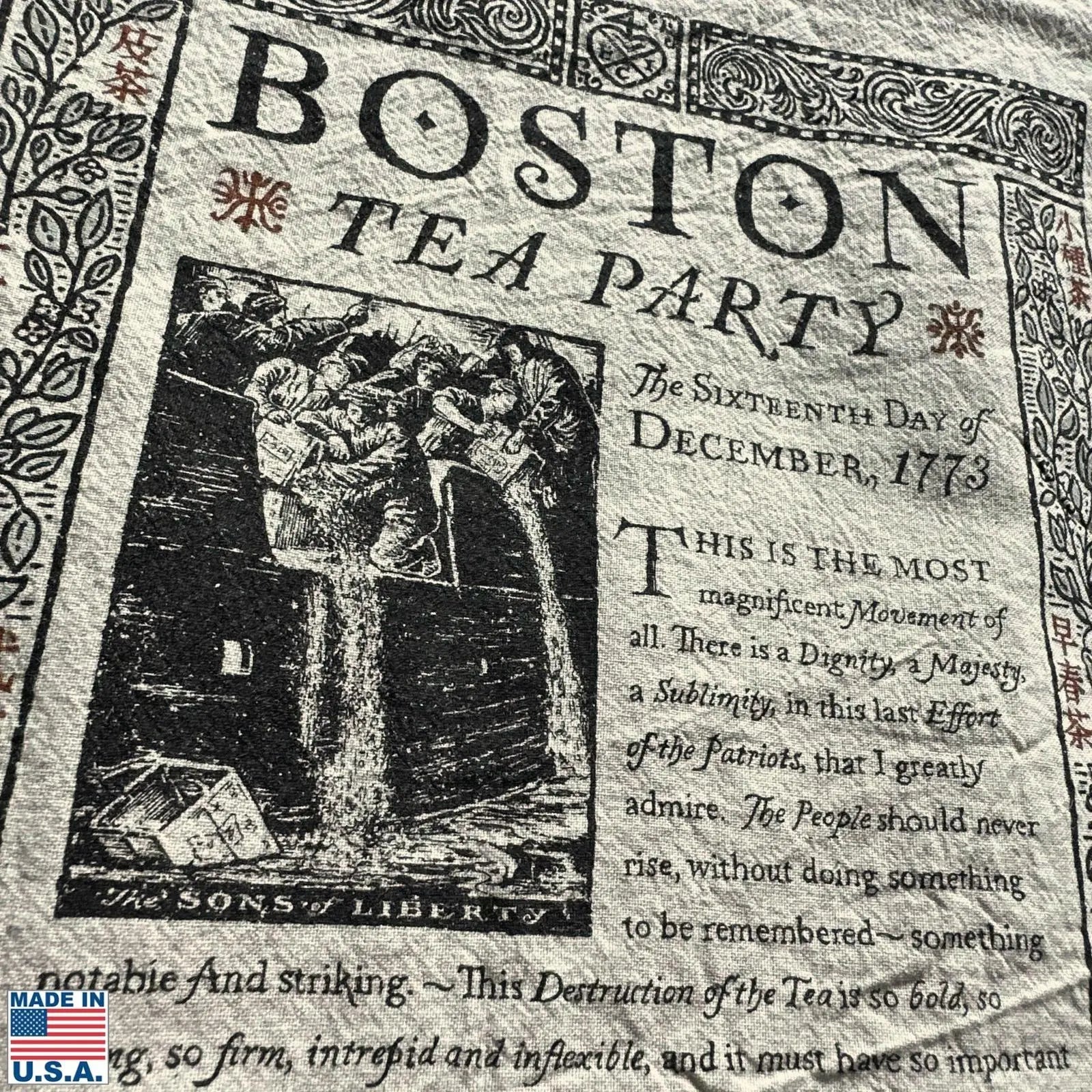 Boston Tea Icon Close-up of the Boston Tea Party 250th Anniversary Tea Towel — Made in ...