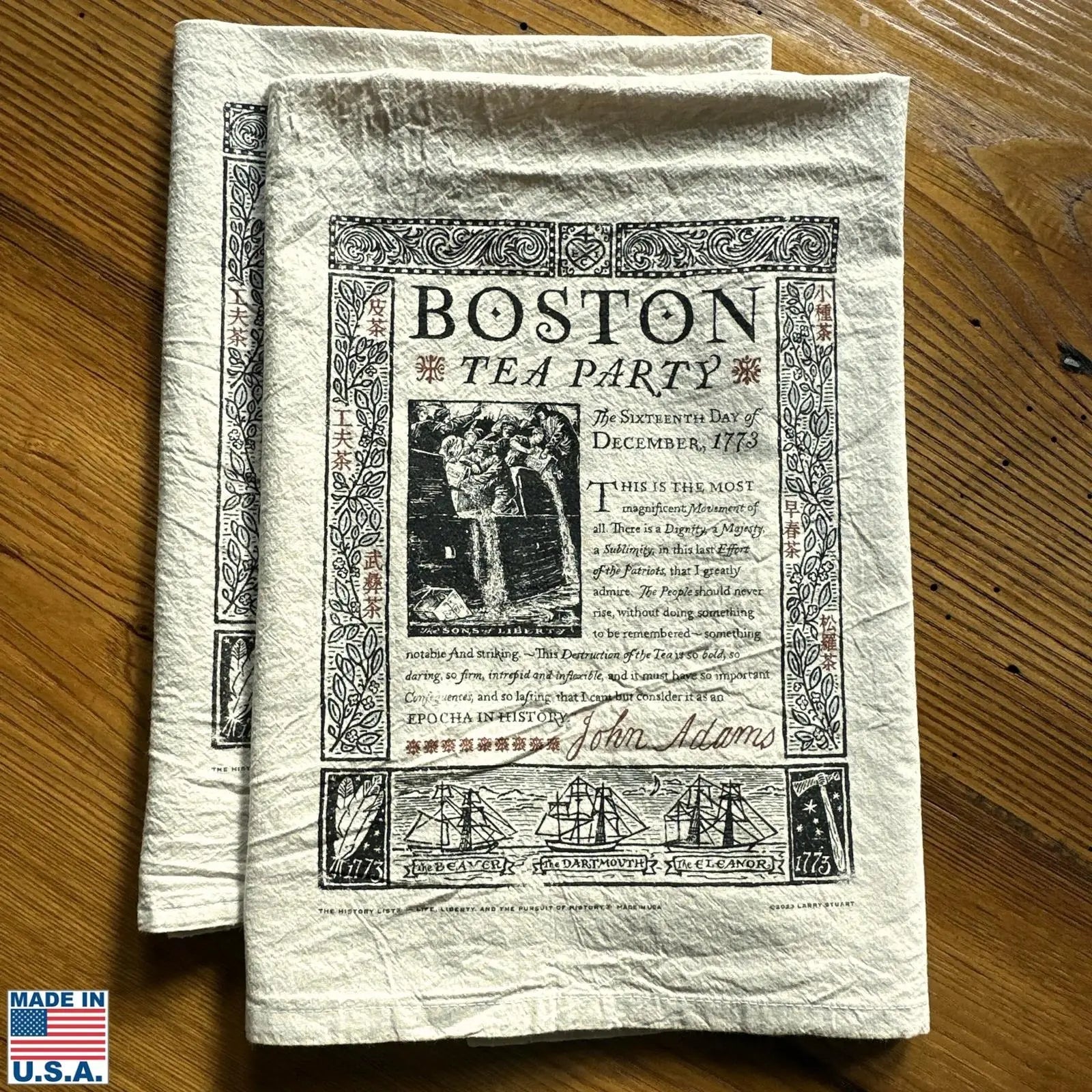 Two of the Boston Tea Party 250th Anniversary Tea Towel — Made in America from The History List store