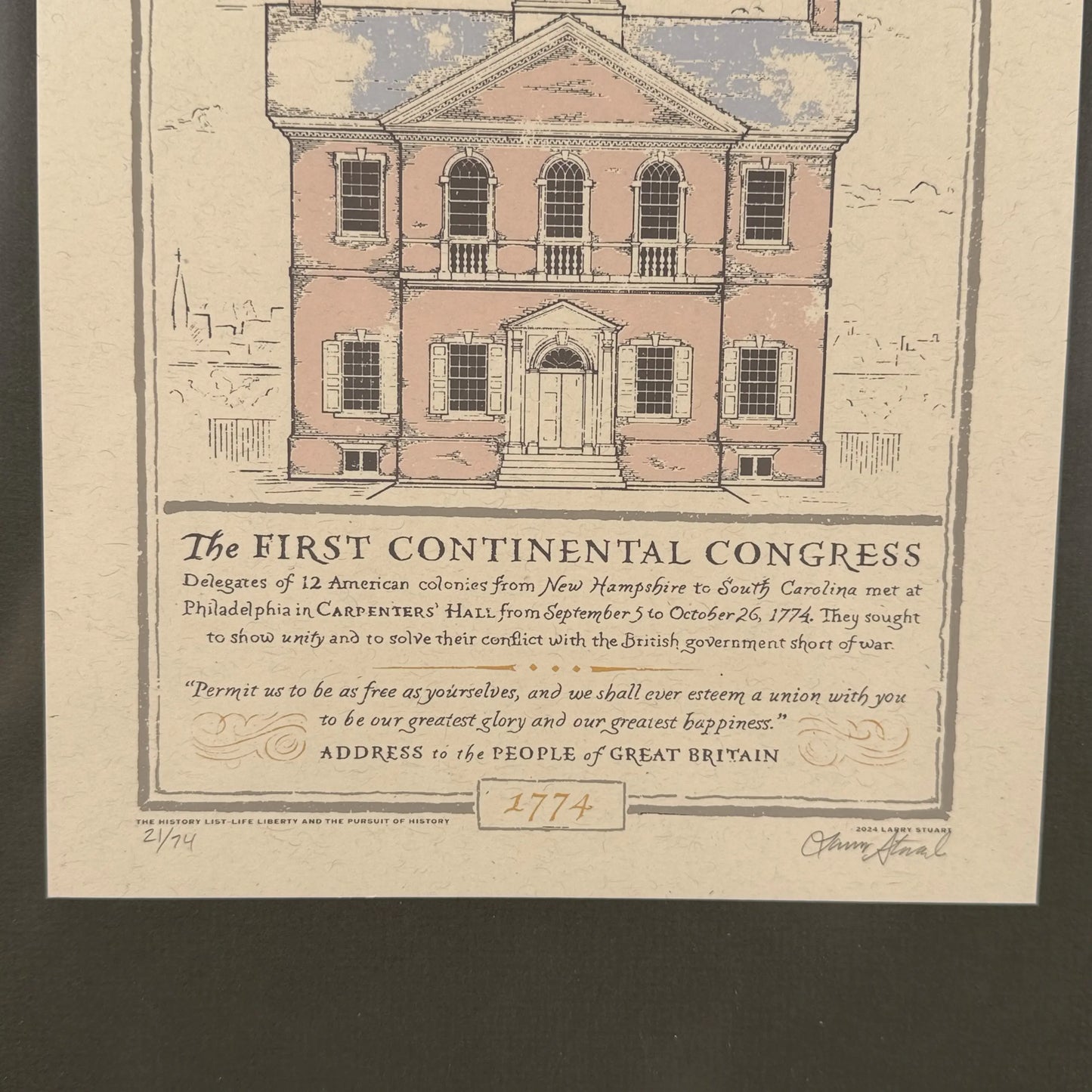 "The First Continental Congress — Carpenters' Hall" 250th Anniversary Limited edition framed print