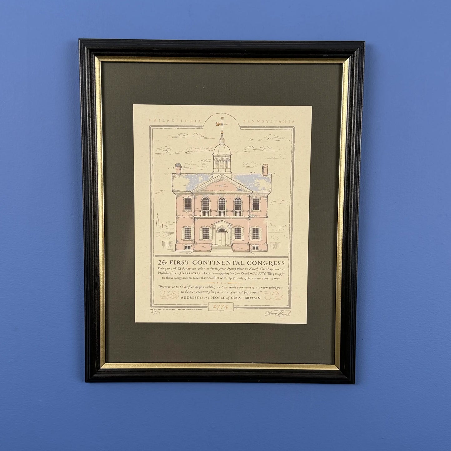 "The First Continental Congress — Carpenters' Hall" 250th Anniversary Limited edition framed print