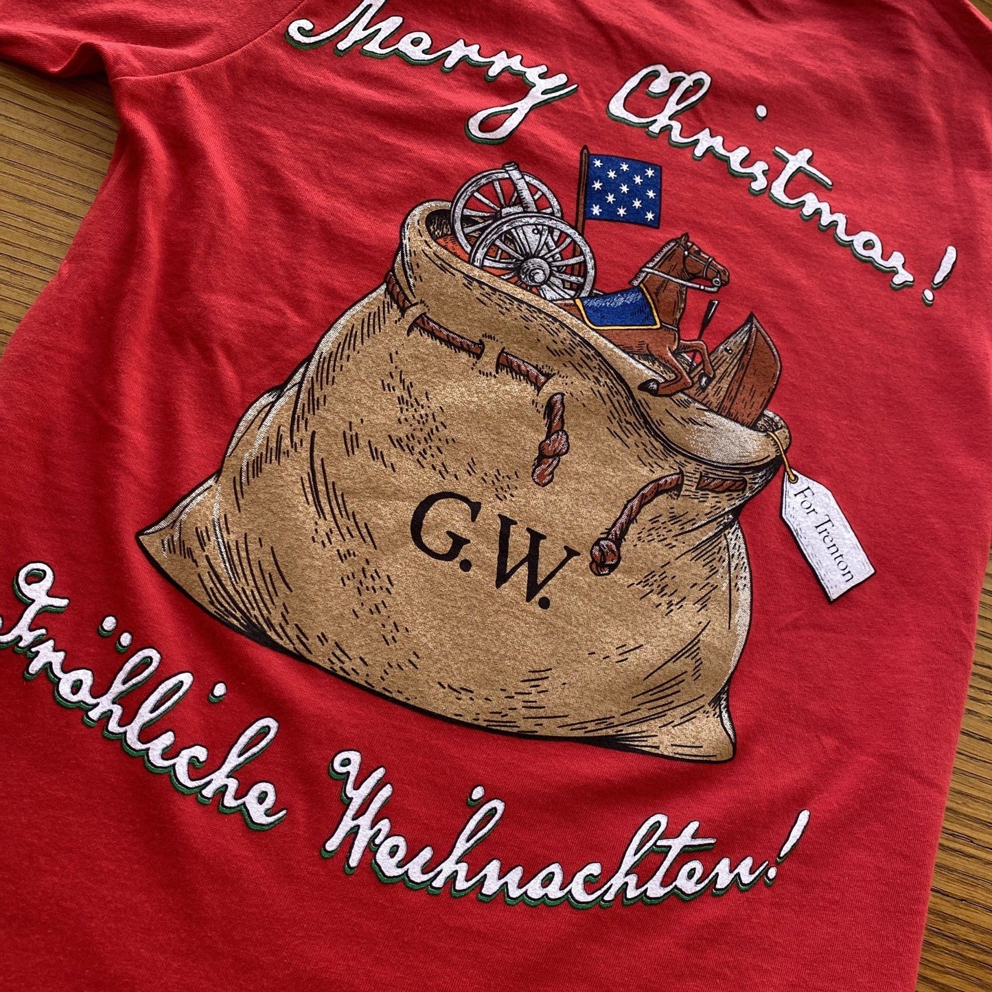 Close-up of the George Washington's Christmas Day Crossing of the Delaware Made in America Long-sleeved shirt — The Christmas shirt for history nerds from The History List Store.