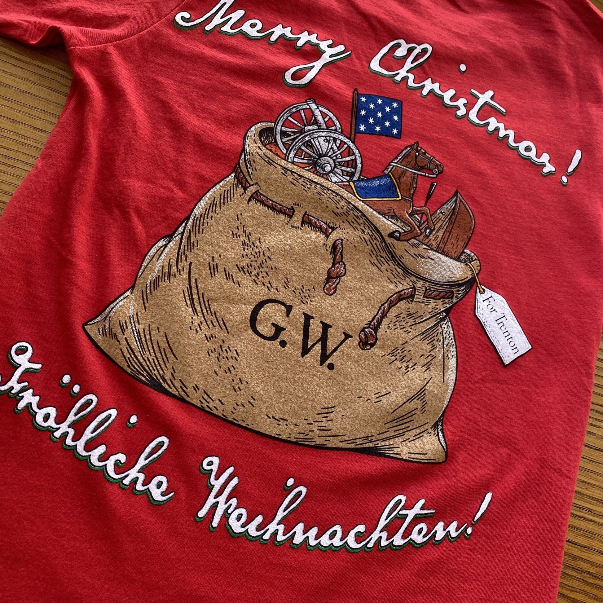 Close-up of the George Washington's Christmas Day Crossing of the Delaware Made in America Long-sleeved shirt — The Christmas shirt for history nerds from The History List Store.