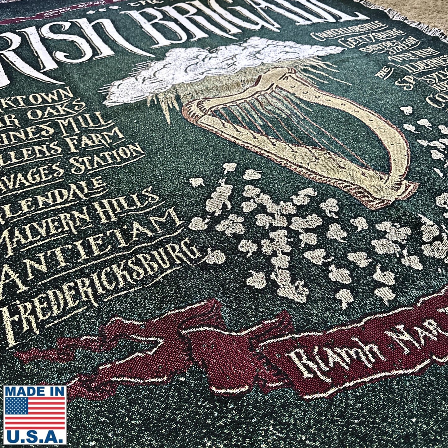 Closer look at The Civil War "Irish Brigade" woven blanket — Made in America from The History List store