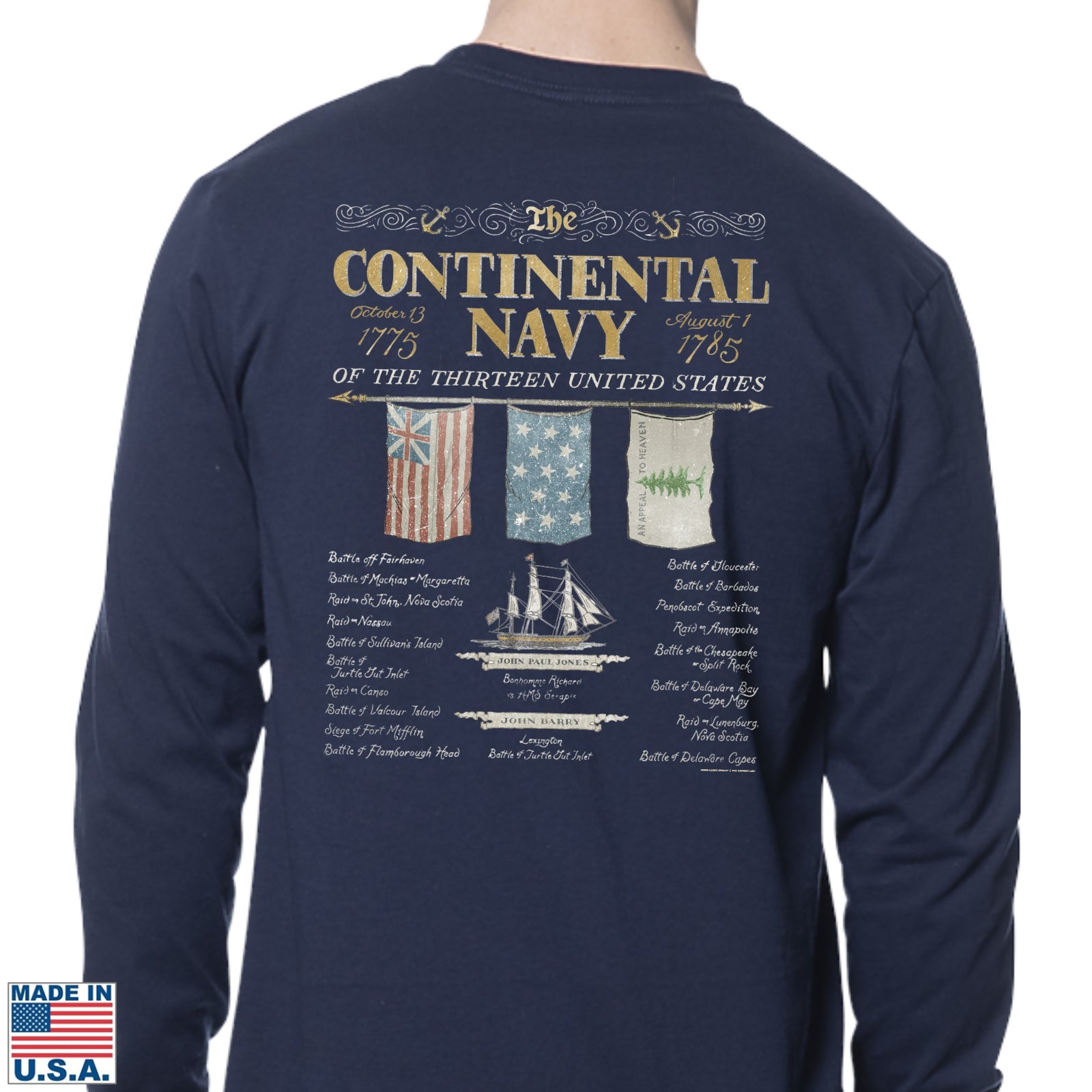 Back of "The Continental Navy" Made in America Long-sleeved Shirt from The History List store