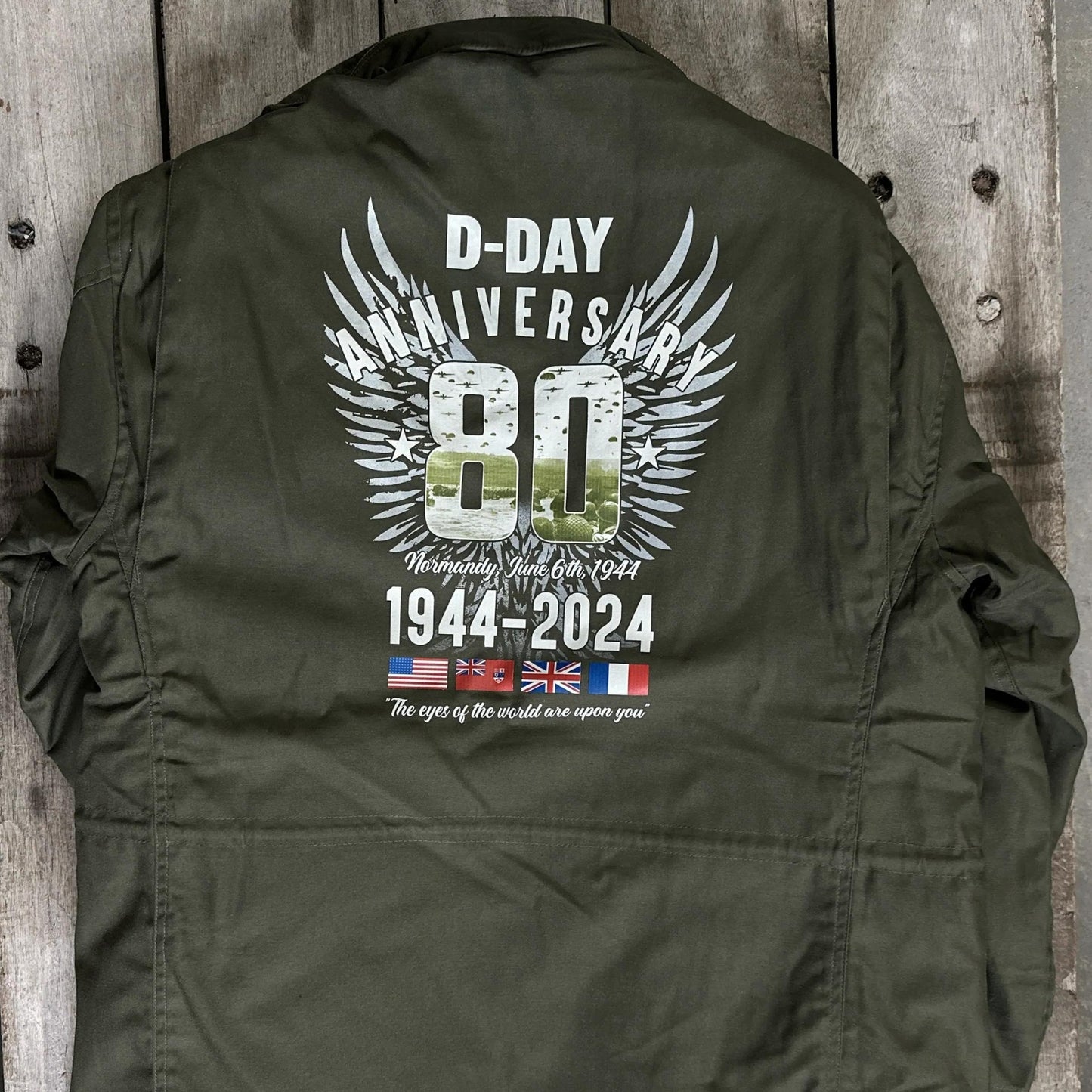 M65 Army field coats with original D-Day 80th Anniversary design and a 48-star flag