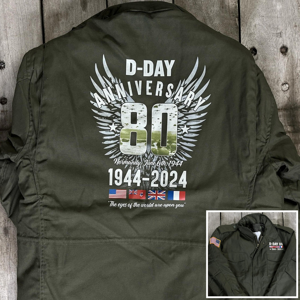 M65 Army field coats with original D-Day 80th Anniversary design and a 48-star flag from The History List Store.