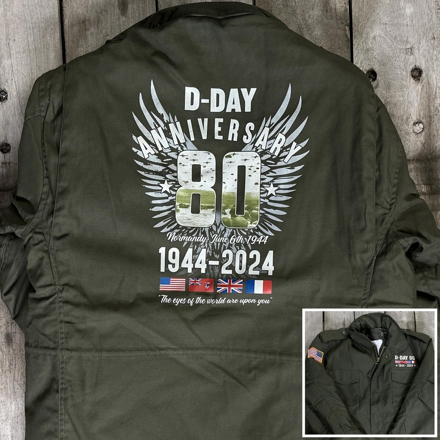 M65 Army field coats with original D-Day 80th Anniversary design and a 48-star flag