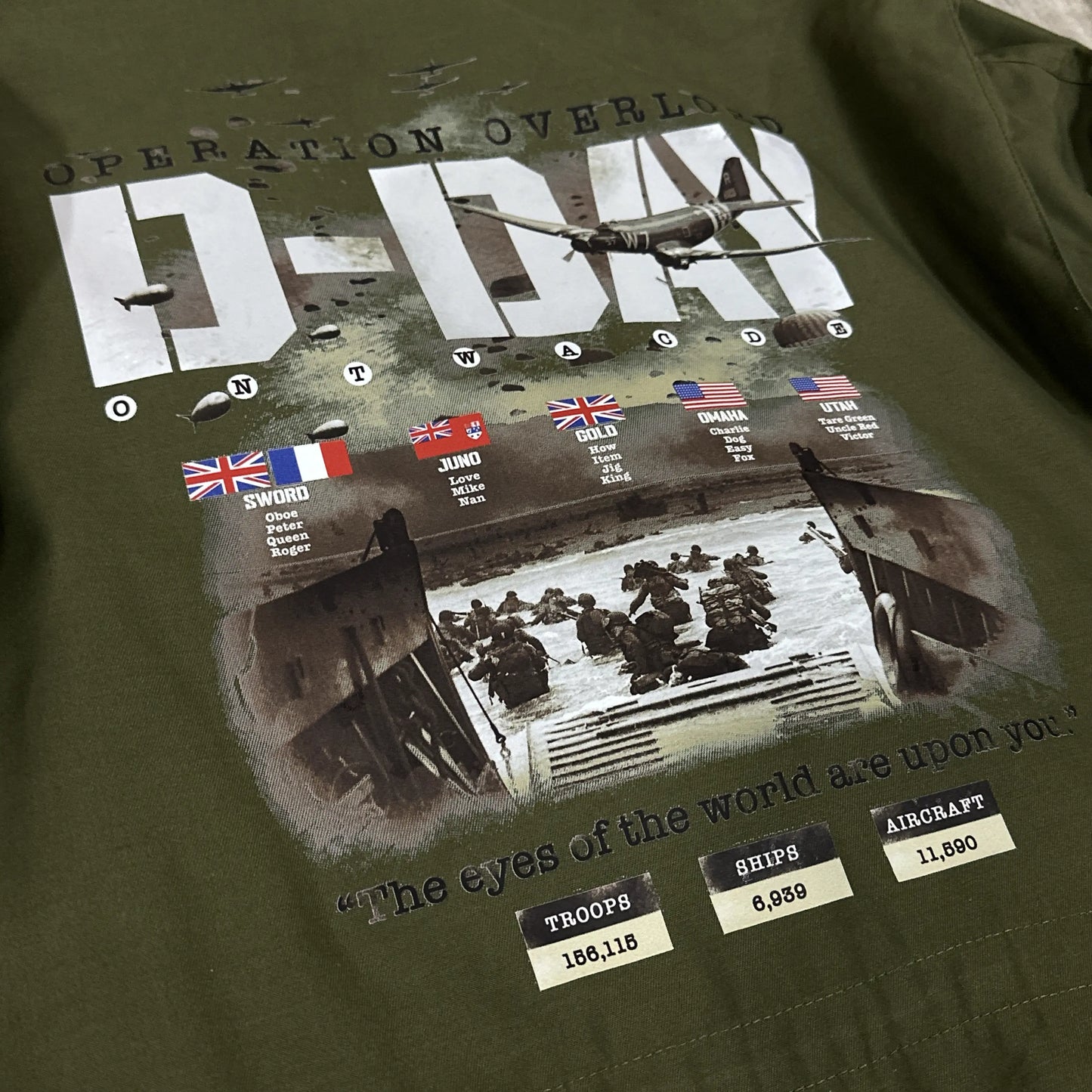 Army field coats with original D-Day design and a 48-star flag