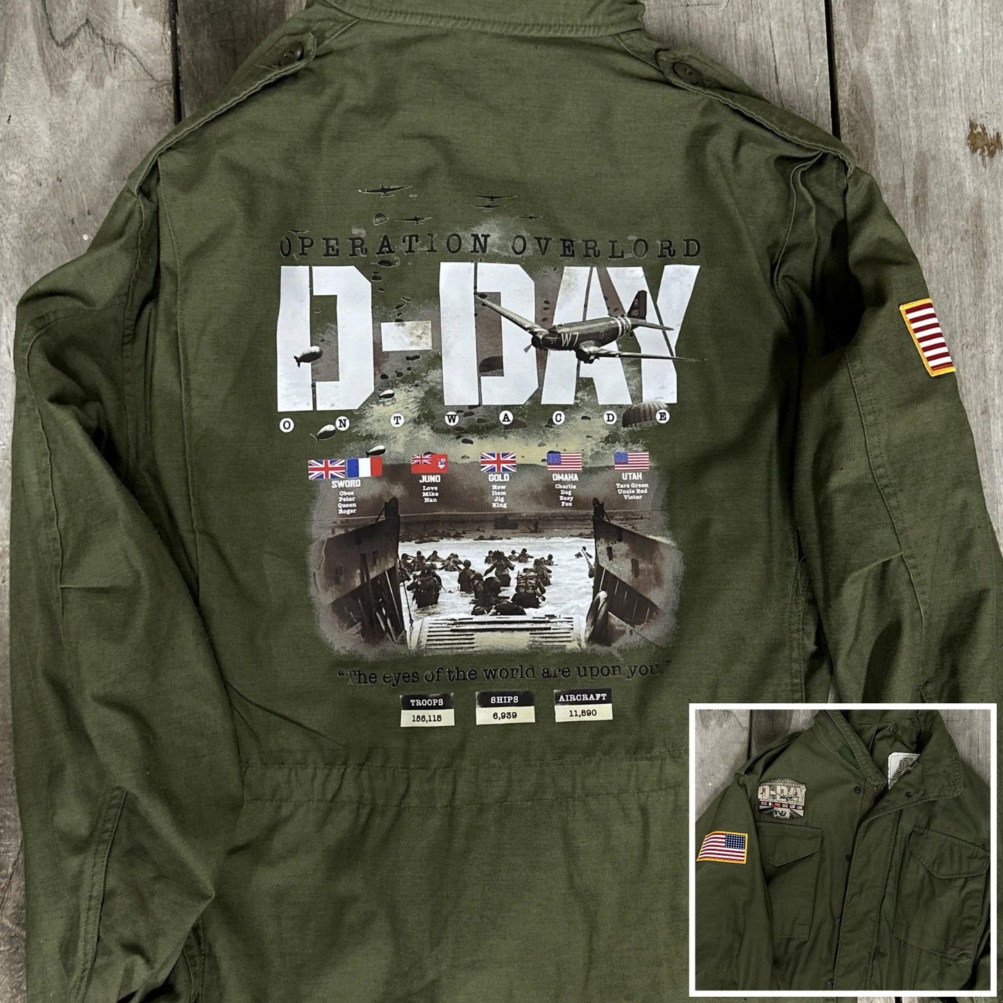 M65 Army field coats with original D-Day Operation Overlord design and a 48-star flag