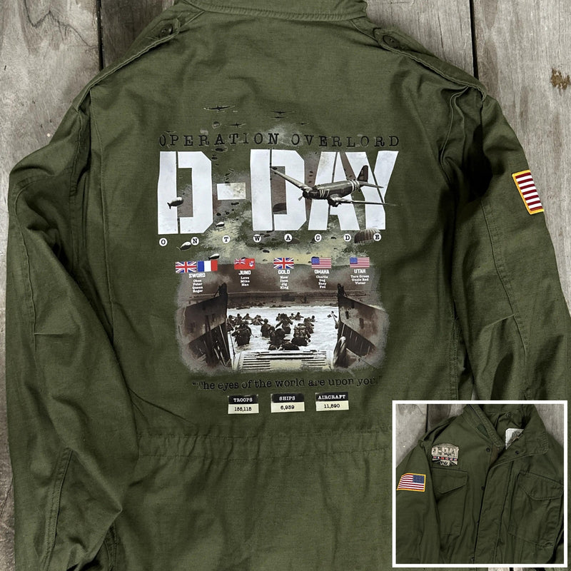 Army field coats with original D-Day design and 48-star flag patch