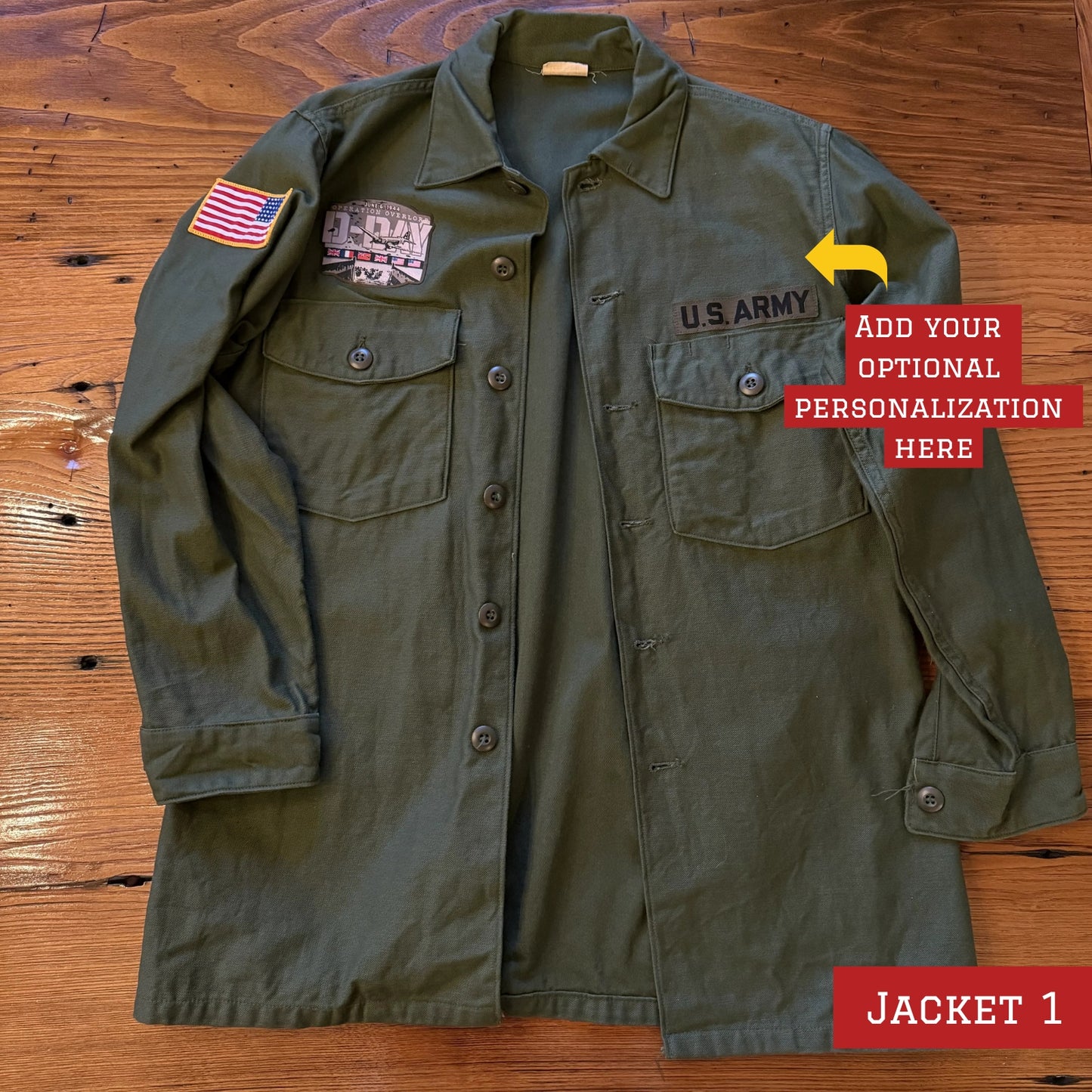 Army coats with D-Day patch and 48-star flag — One left