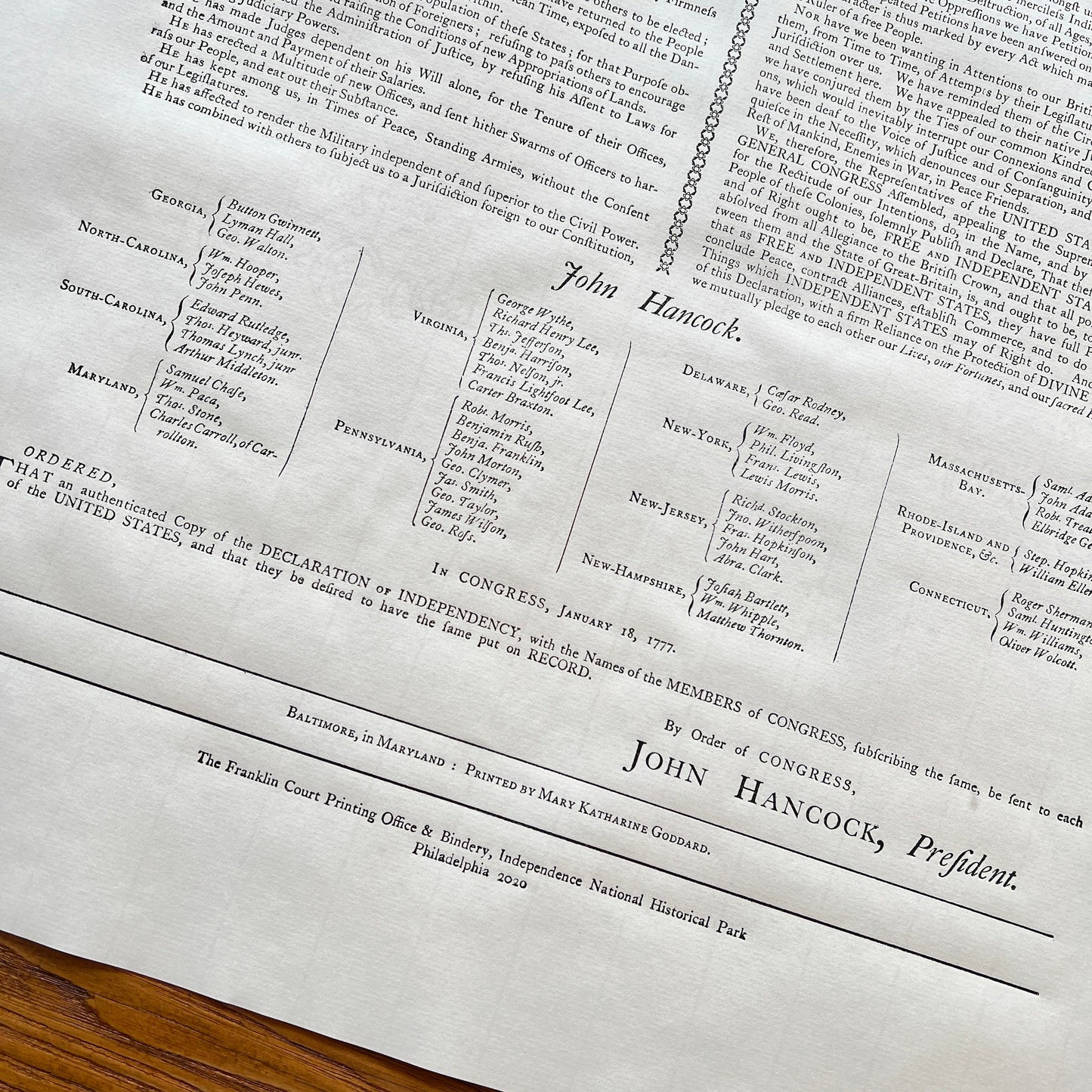Signers of the declaration from the "Declaration of Independence" printed by Mary Katherine Goddard (Baltimore) from The History List Store