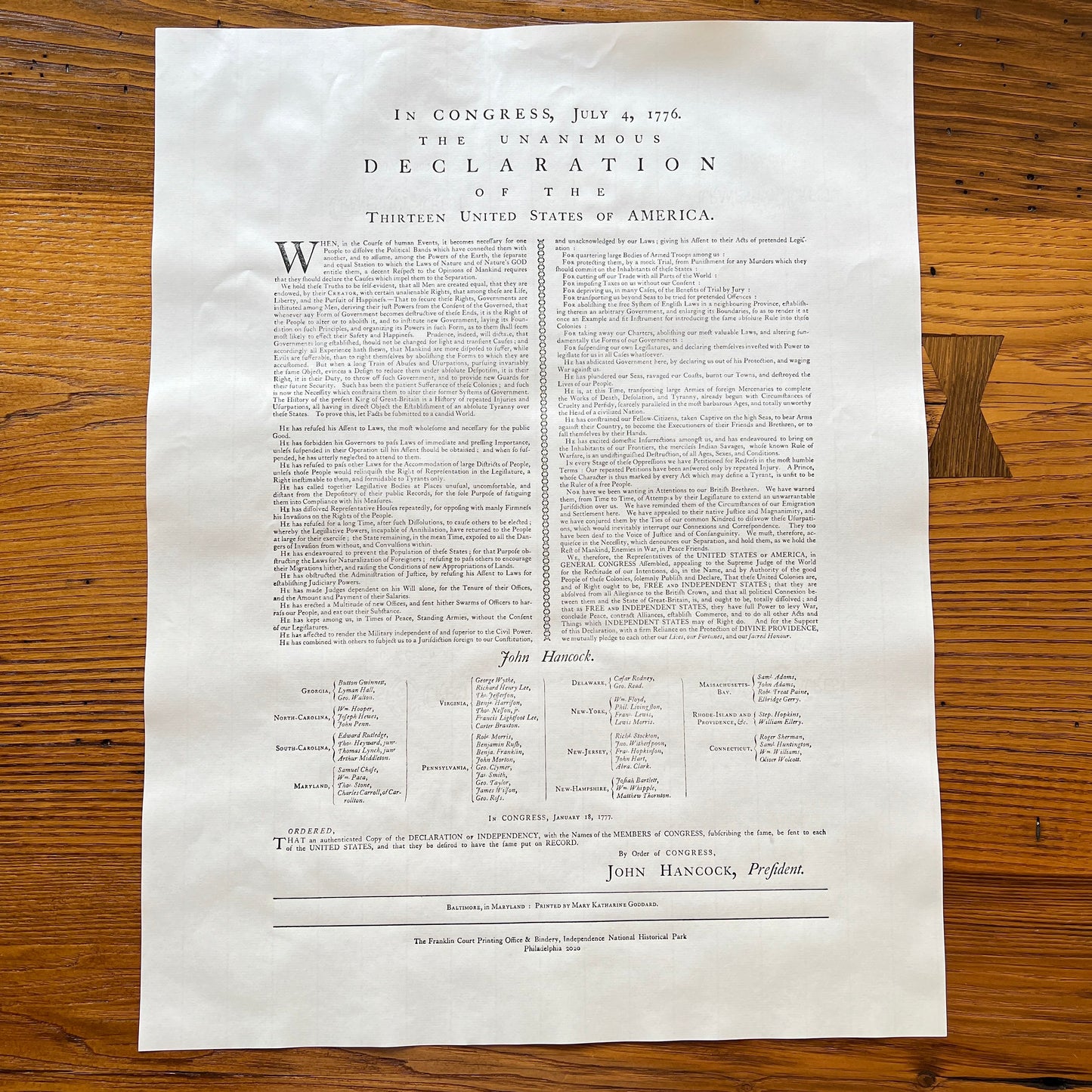 "Declaration of Independence" printed by Mary Katherine Goddard (Baltimore) from The History List Store