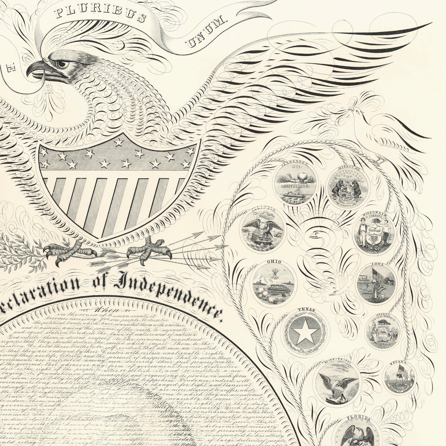 "Declaration of Independence" Calligraphy of George Washington with the seals of 16 states  — Archival print — Available framed or unframed