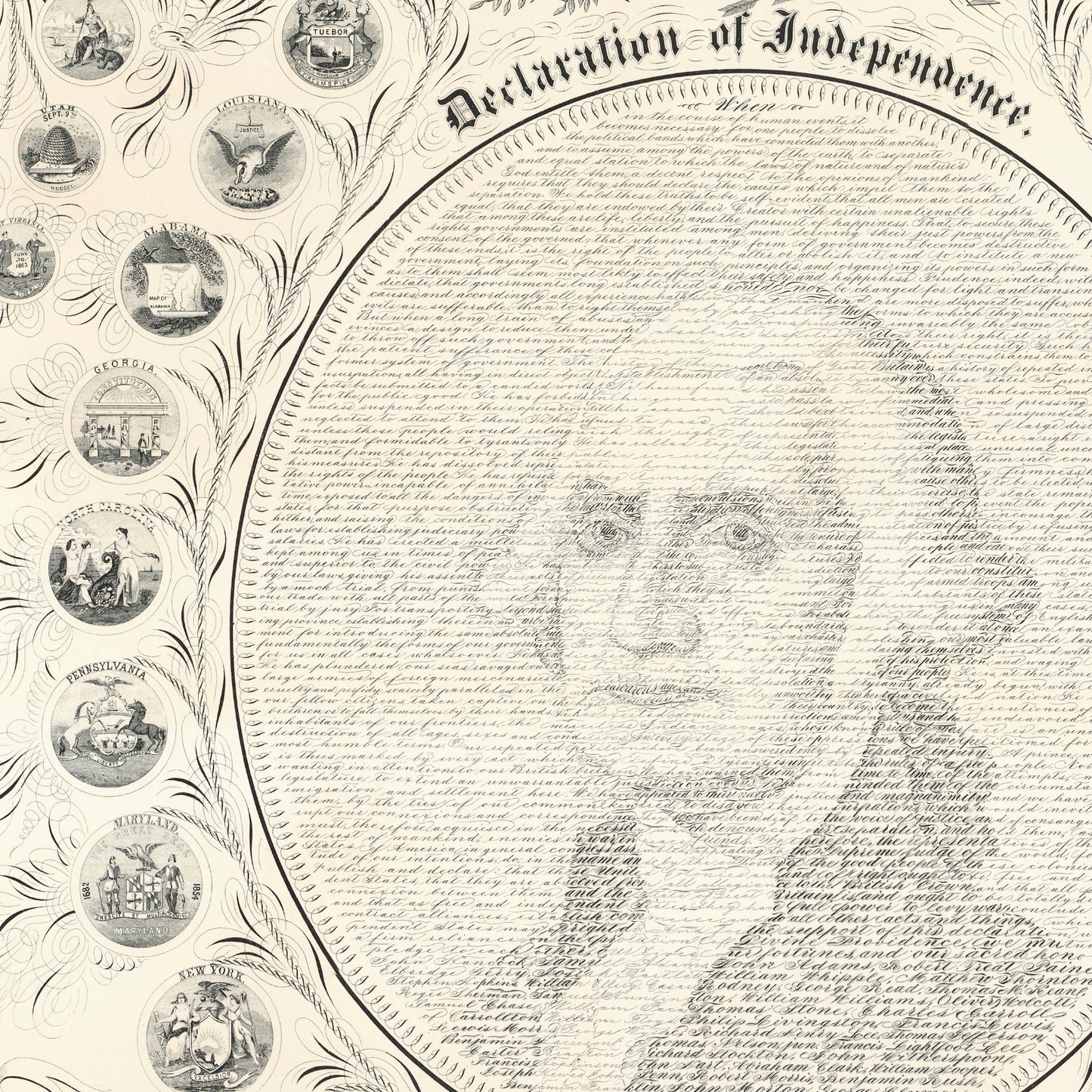 "Declaration of Independence" Calligraphy of George Washington with the seals of 16 states  — Archival print — Available framed or unframed