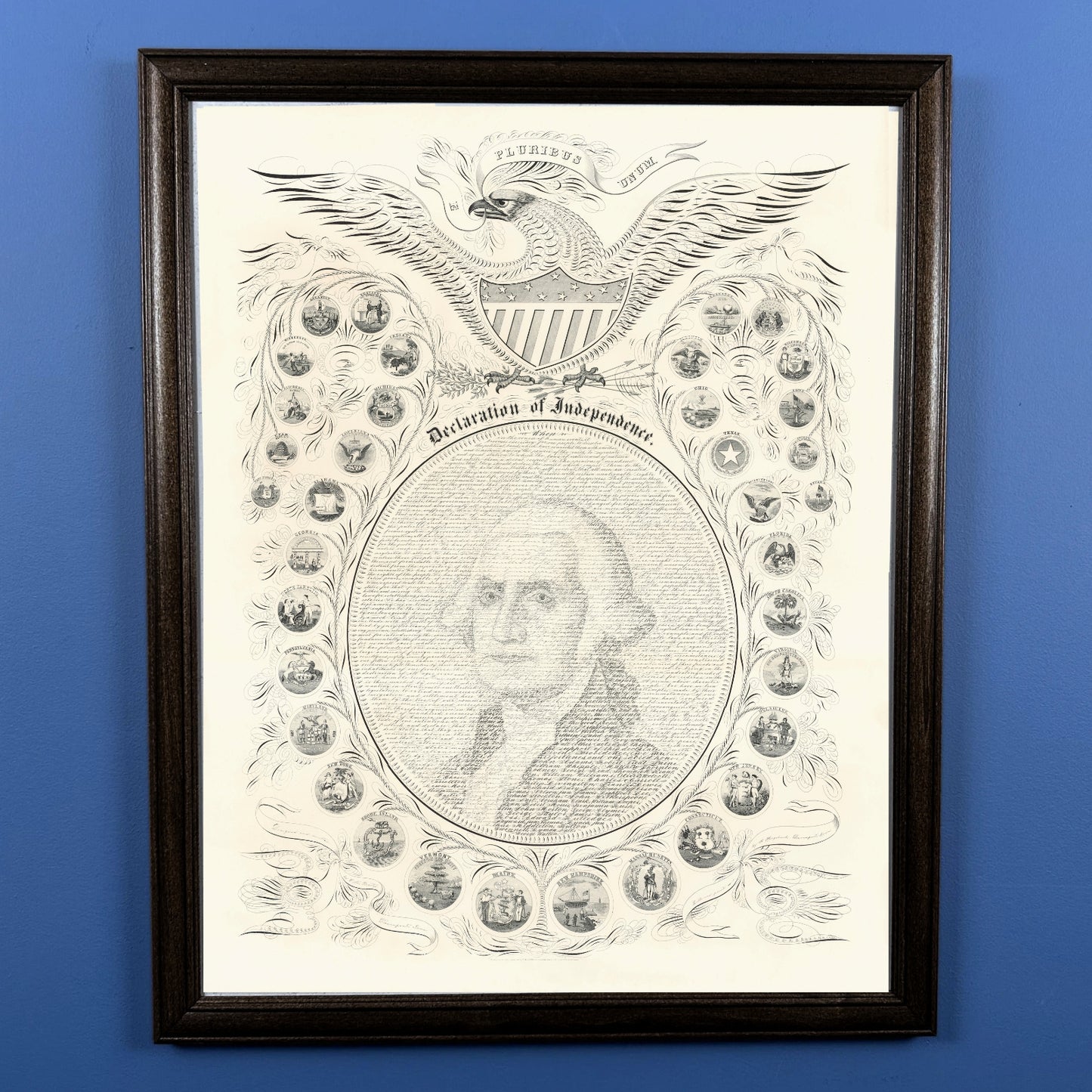 "Declaration of Independence" Calligraphy of George Washington with the seals of 16 states  — Archival print — Available framed or unframed