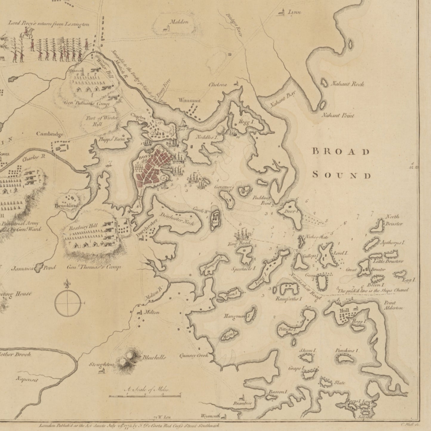 1775 map with Battle of Lexington and Concord and Battle of Bunker Hill — Archival print at actual size