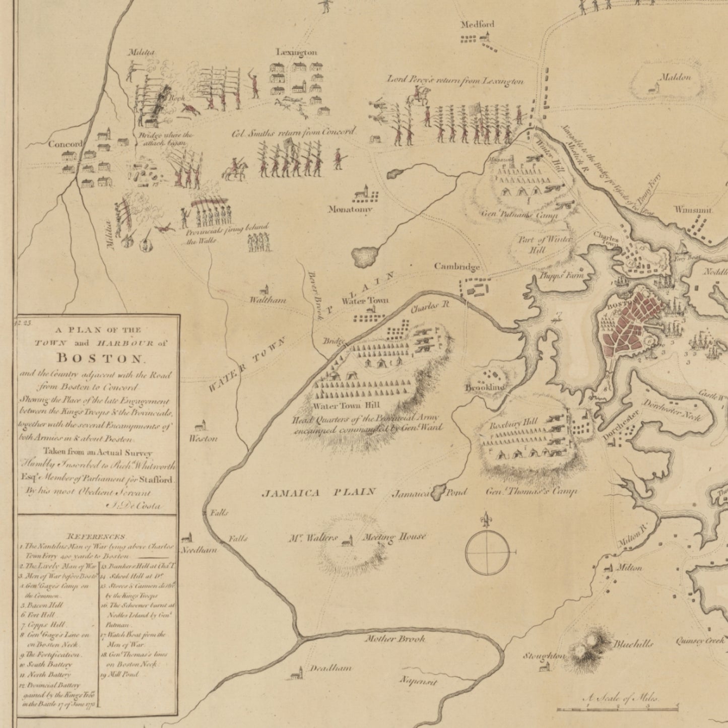 1775 map with Battle of Lexington and Concord and Battle of Bunker Hill — Archival print at actual size