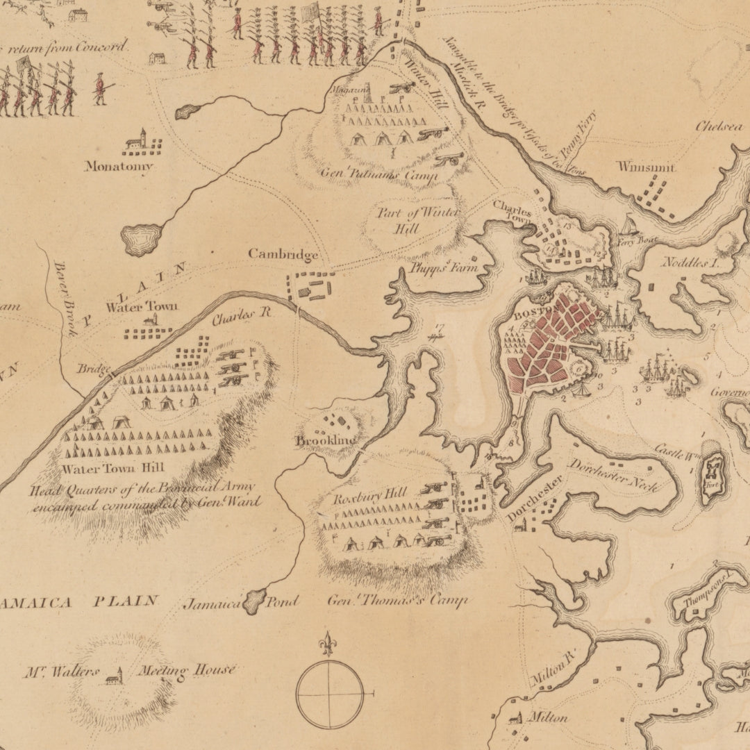 1775 map with Battle of Lexington and Concord and Battle of Bunker Hill — Archival print at actual size