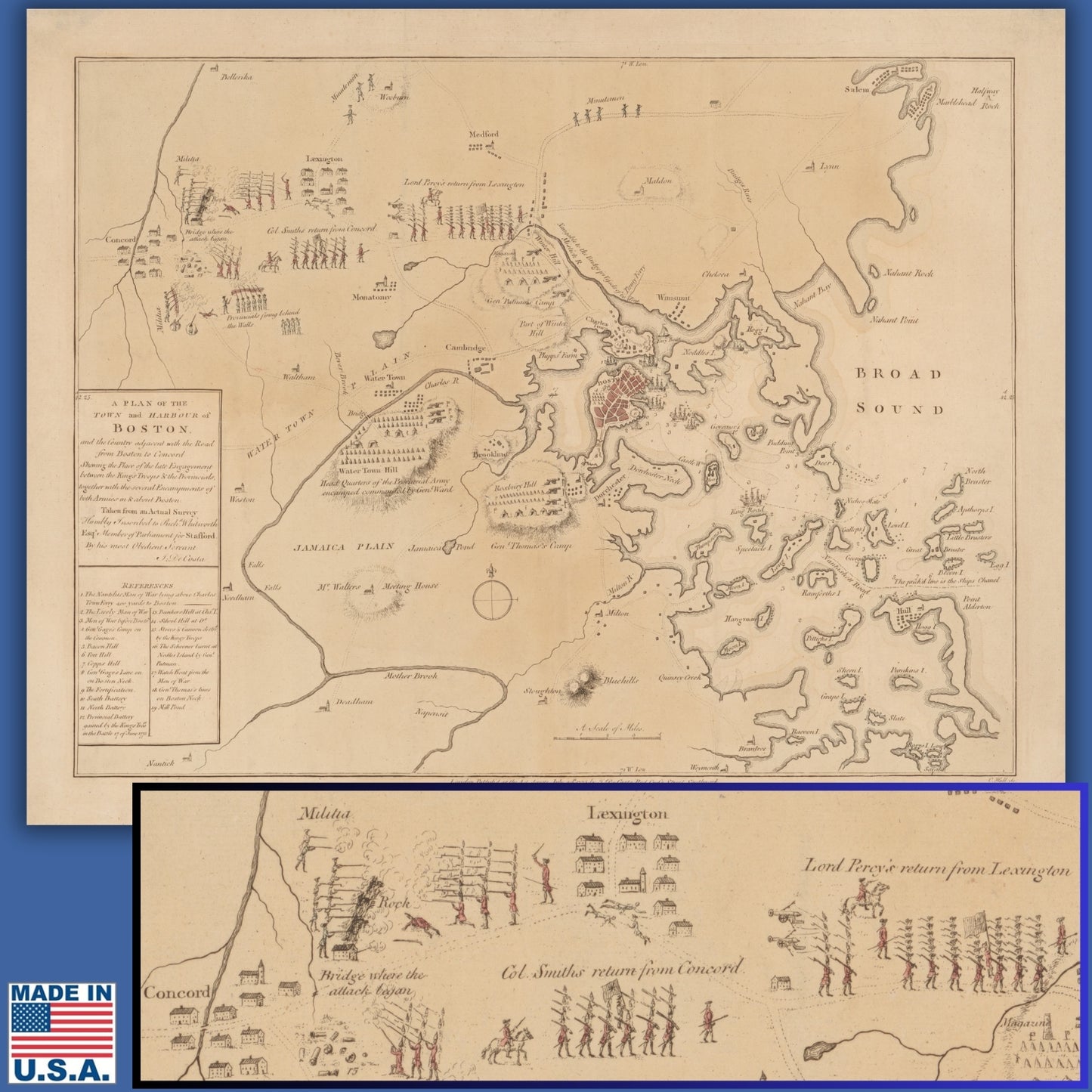 1775 map with Battle of Lexington and Concord and Battle of Bunker Hill — Archival print at actual size