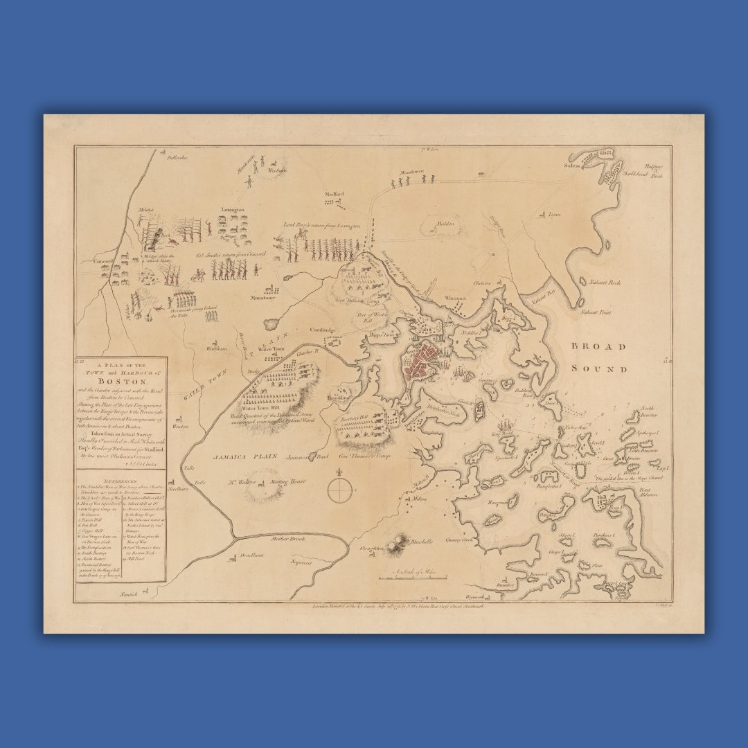 1775 map with Battle of Lexington and Concord and Battle of Bunker Hill — Archival print at actual size