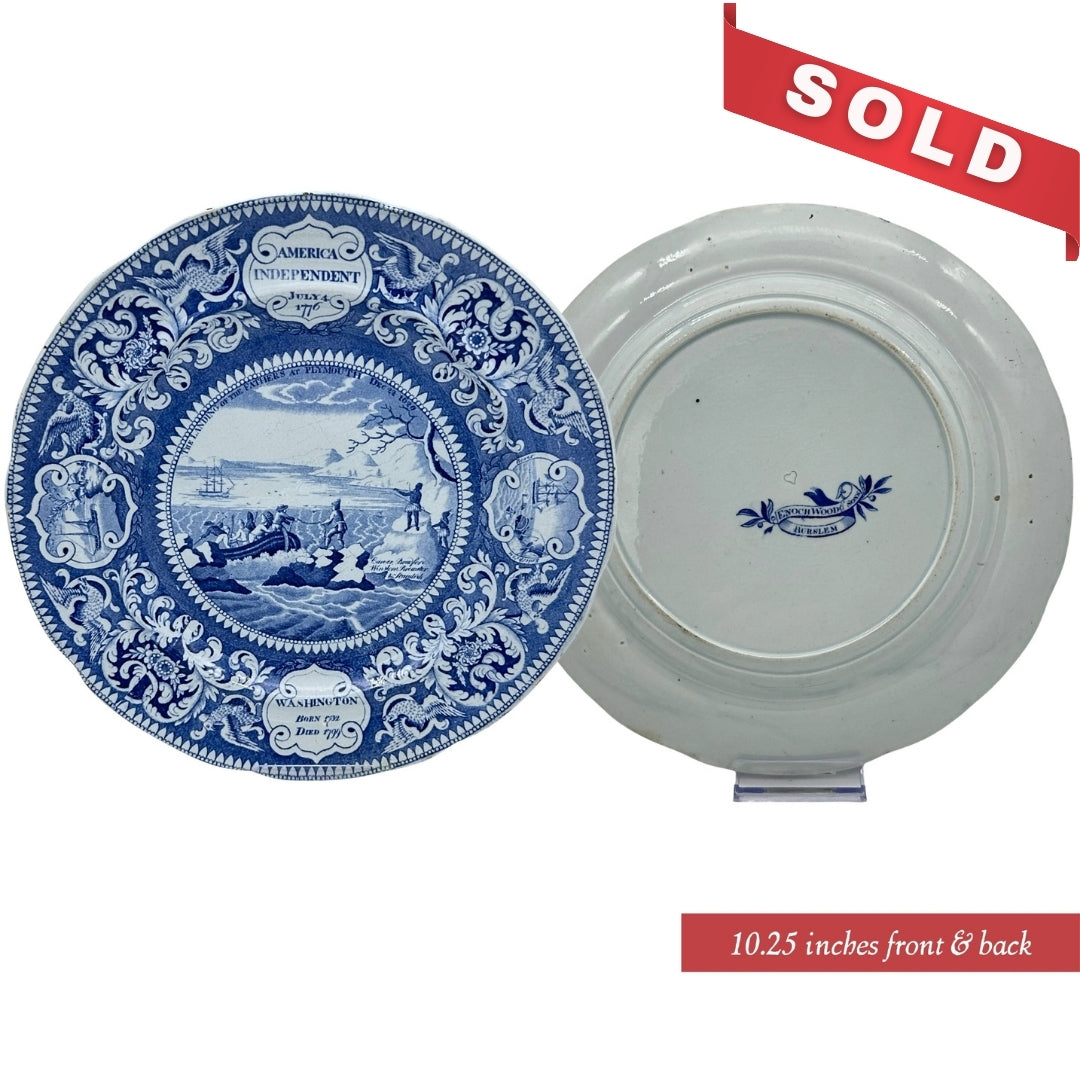 "Landing of the Pilgrims" — Historical Staffordshire blue plates c1825