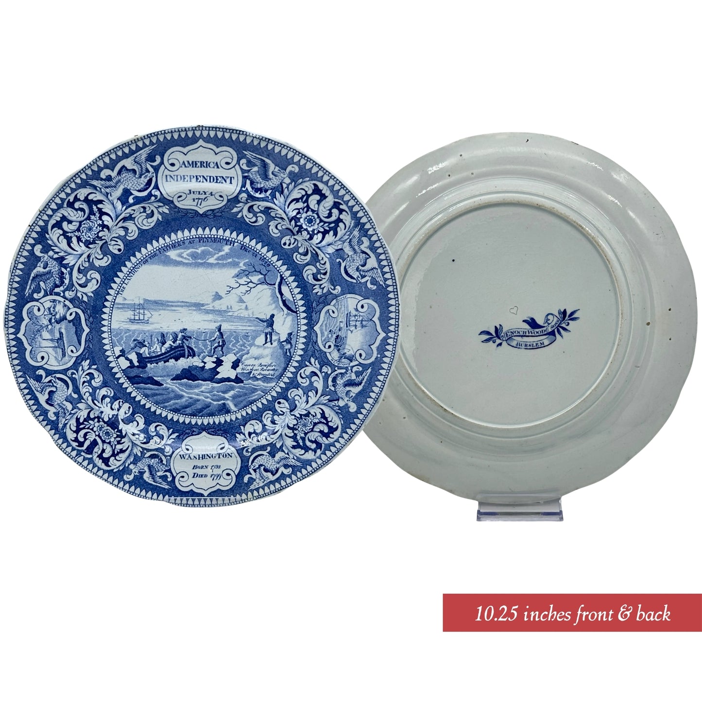 Front and back view of 10.25 inches plate "Landing of the Pilgrims" — Historical Staffordshire blue plates c1825, from The History List Store.