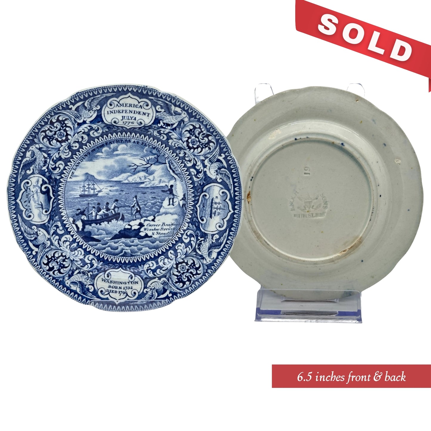 "Landing of the Pilgrims" — Historical Staffordshire blue plates c1825