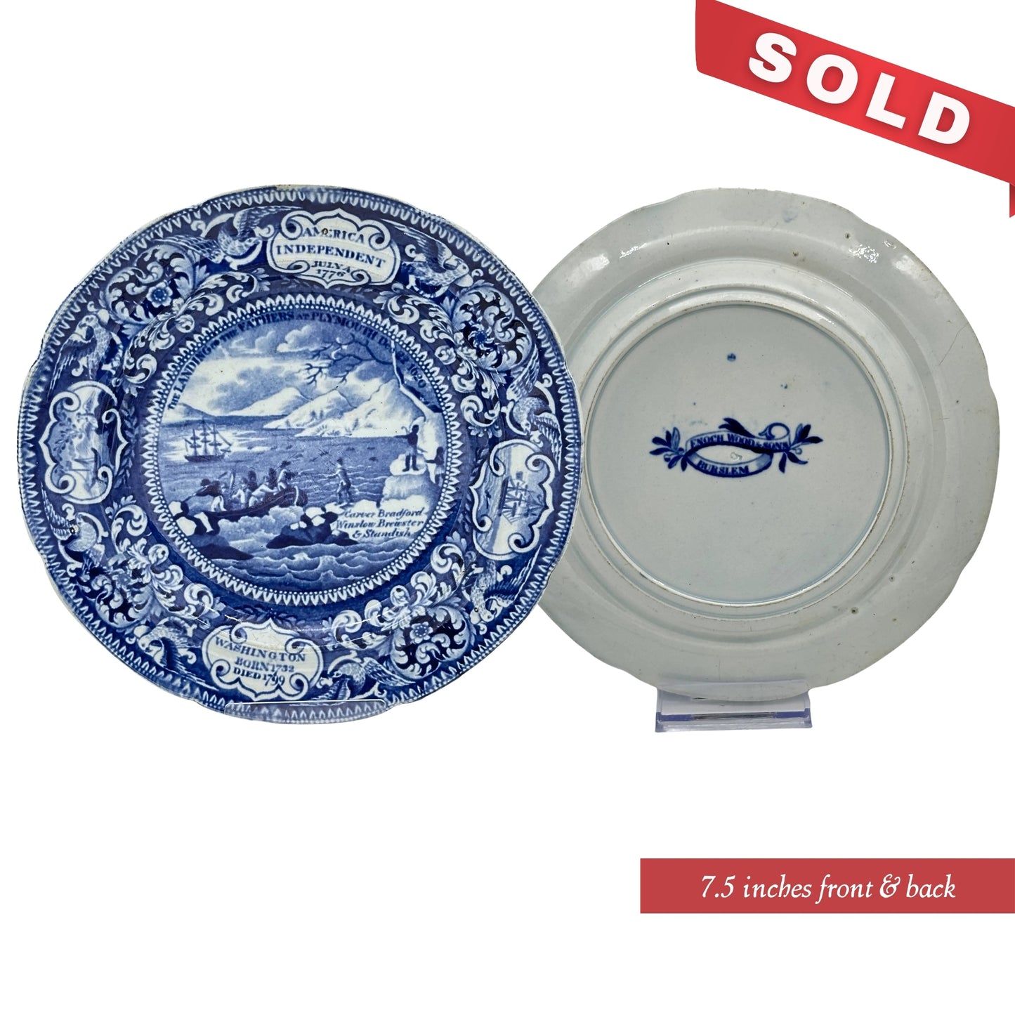 "Landing of the Pilgrims" — Historical Staffordshire blue plates c1825