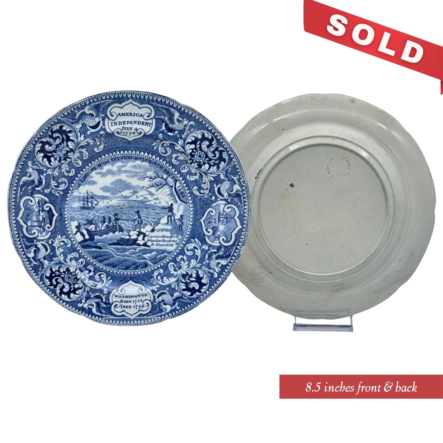 "Landing of the Pilgrims" — Historical Staffordshire blue plates c1825