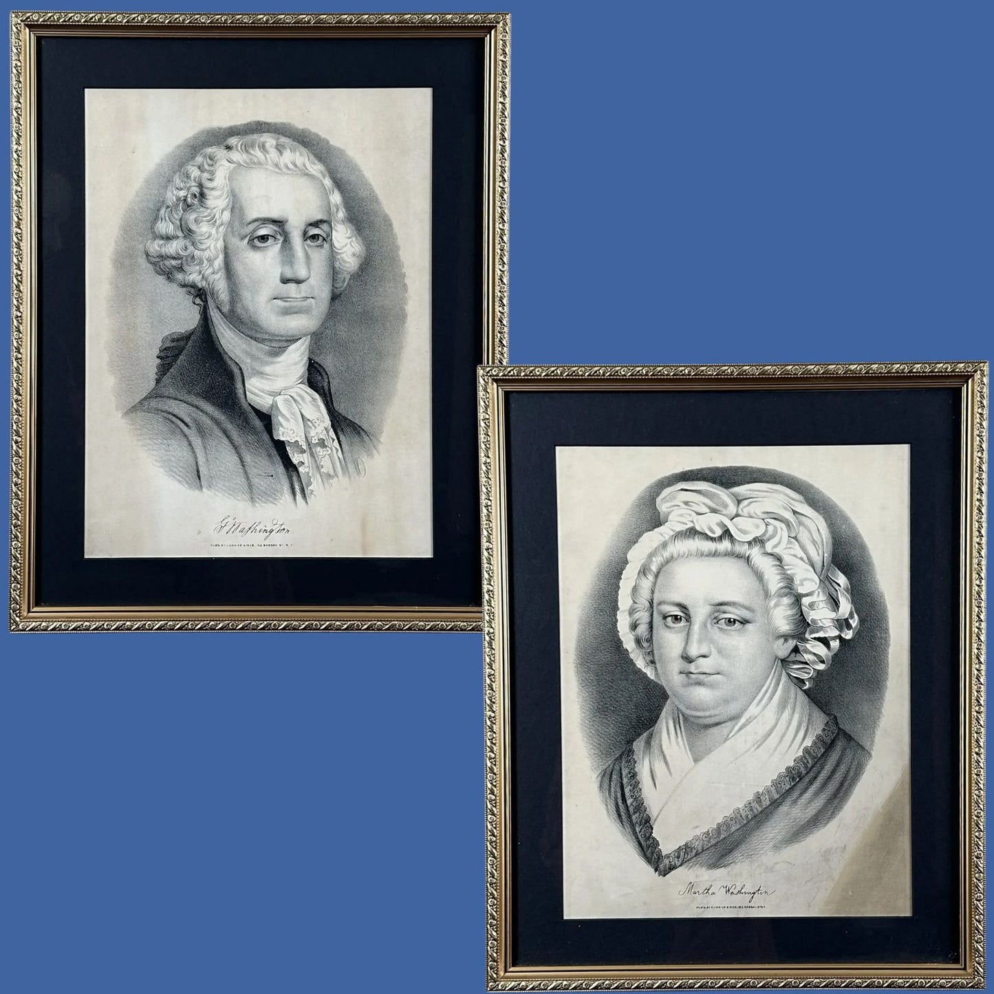 Currier & Ives portraits of George and Martha Washington — Framed