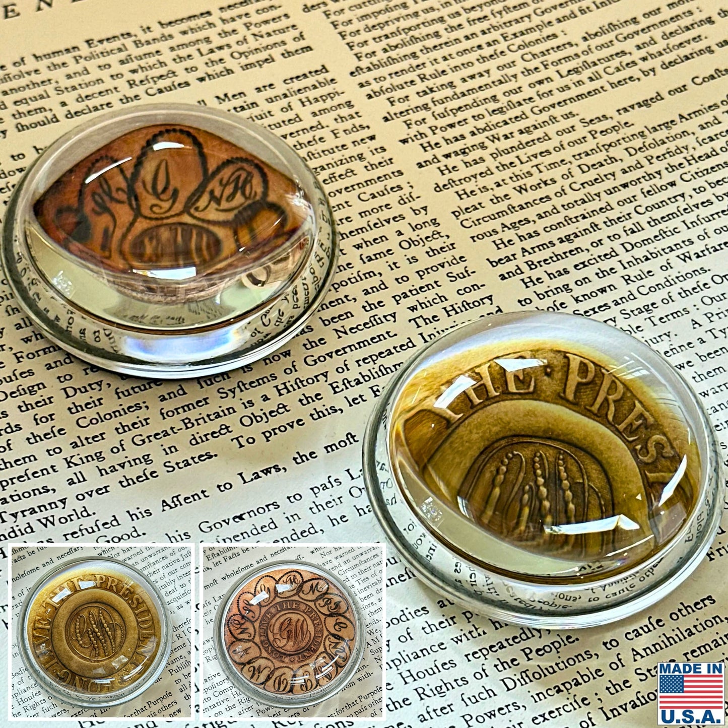 Washington Inaugural Button Glass Paperweights — Four designs — All Made in America