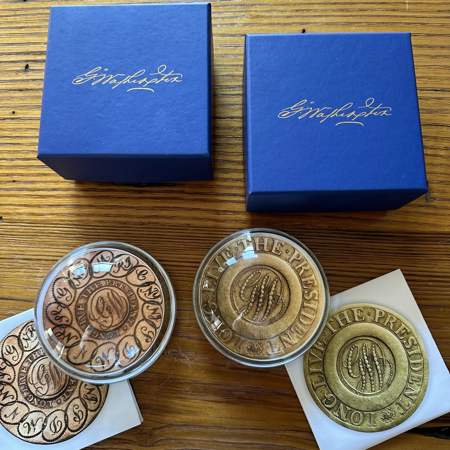 Washington Inaugural Button Glass Paperweights — Four designs — All Made in America