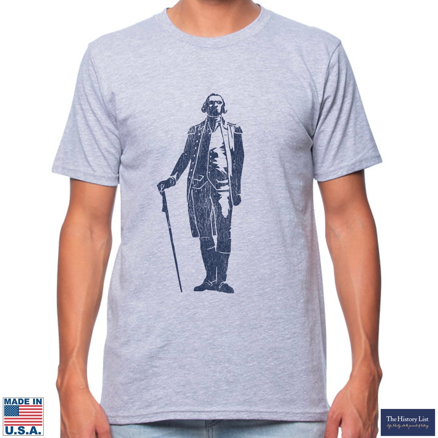 Front of George Washington "Signature Series" with quote on the back Made in America Shirt in Athletic grey from The History List Store