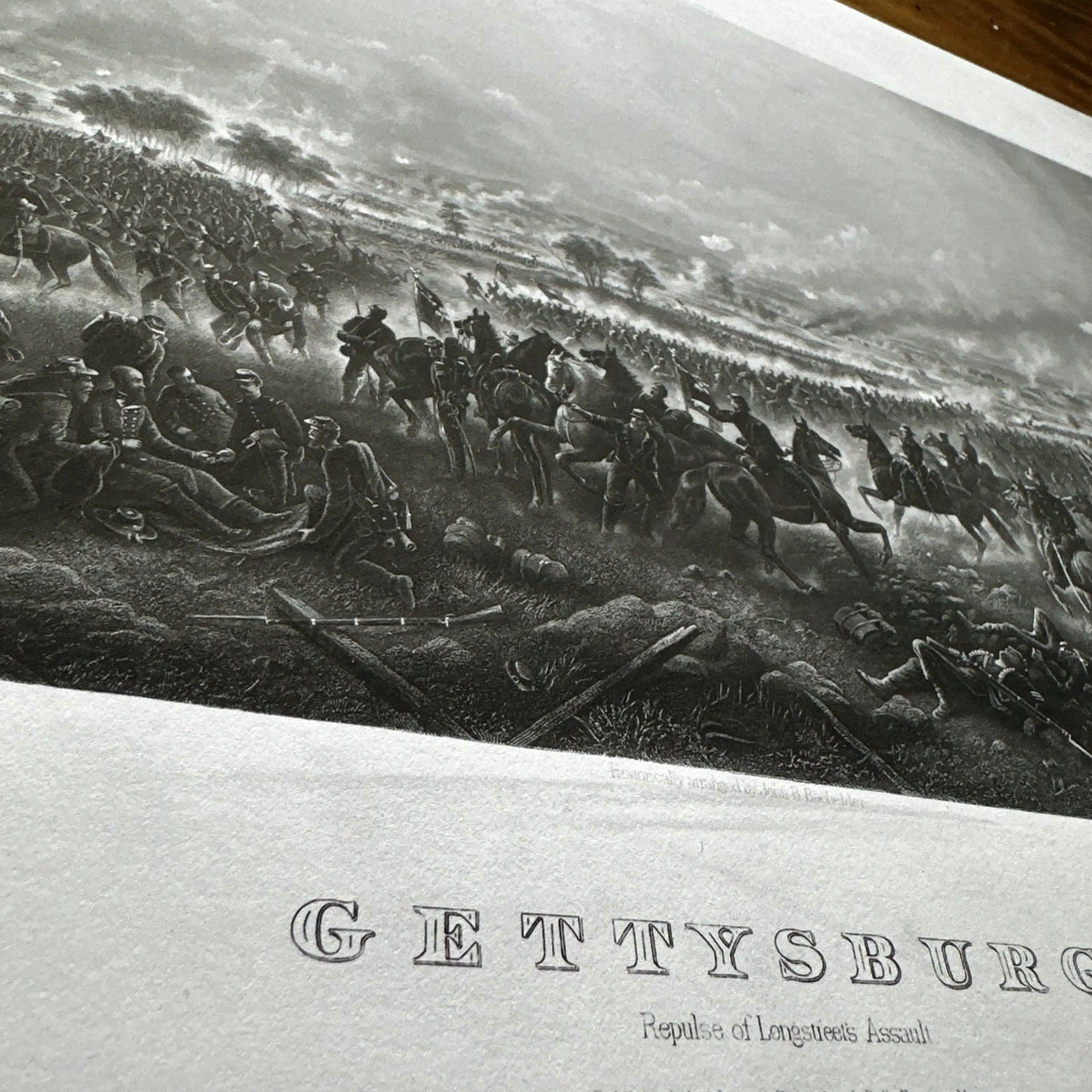 The Repulse of Longstreet’s Assault at Gettysburg archival print with key to the painting identifying who is shown and brochure reprint describing the battle