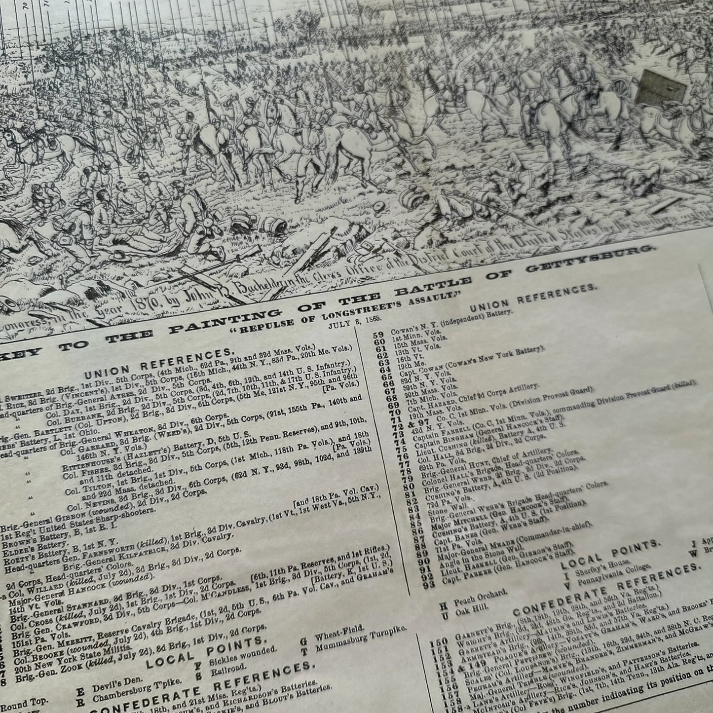 The Repulse of Longstreet’s Assault at Gettysburg archival print with key to the painting identifying who is shown and brochure reprint describing the battle