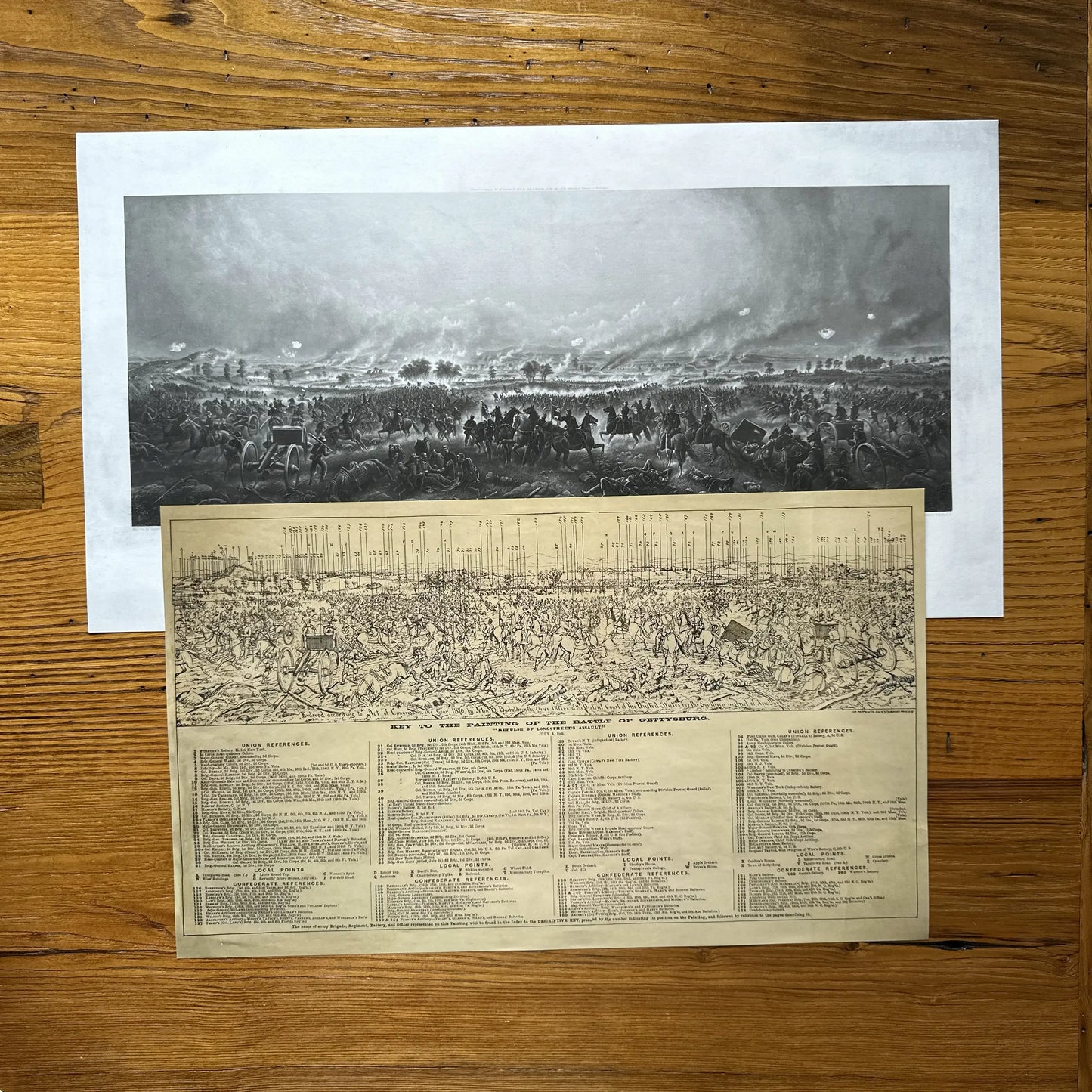 The Repulse of Longstreet’s Assault at Gettysburg archival print with key to the painting identifying who is shown and brochure reprint describing the battle