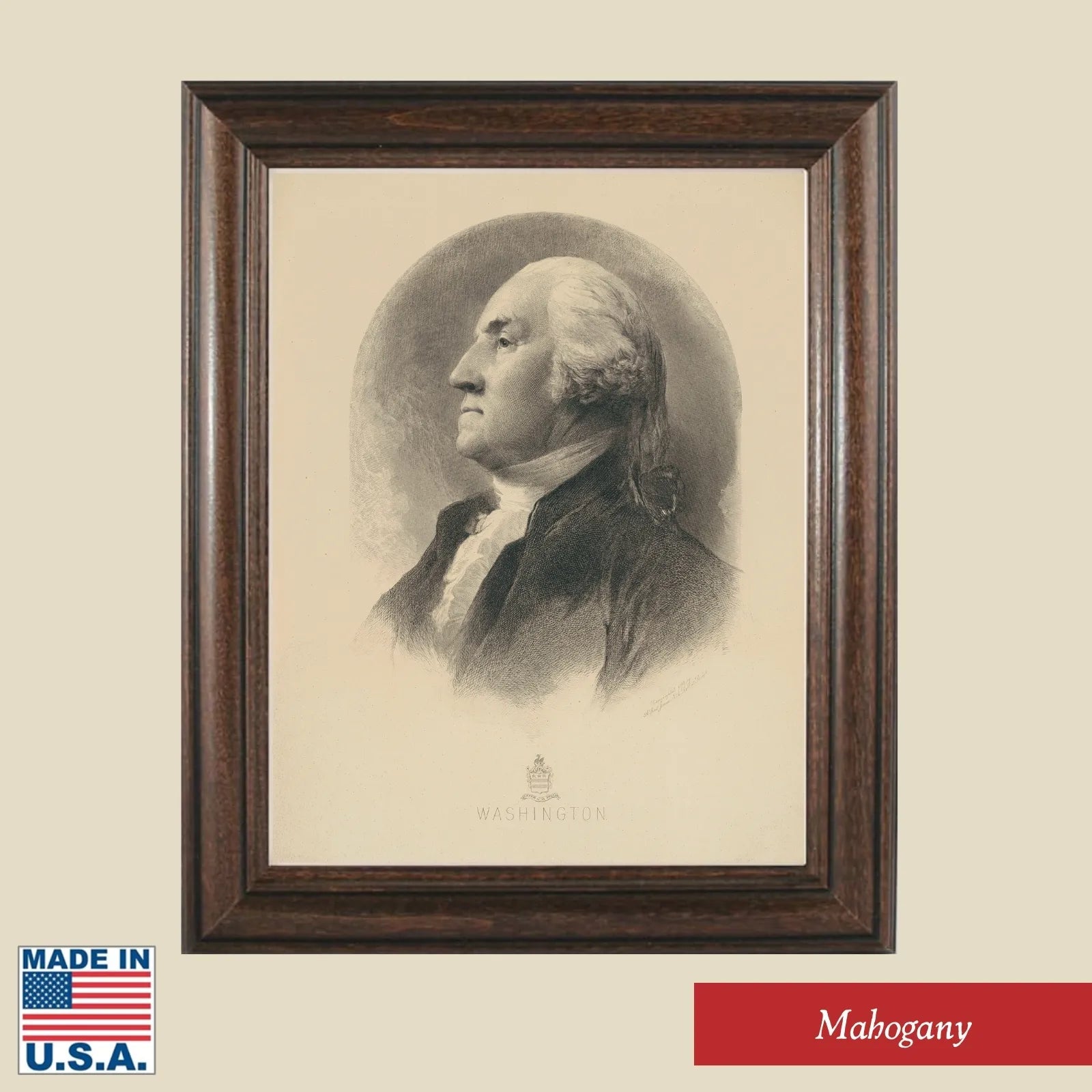 Mahogany frame of a rare George Washington portrait — Archival framed print, made in America, from The History List Store.