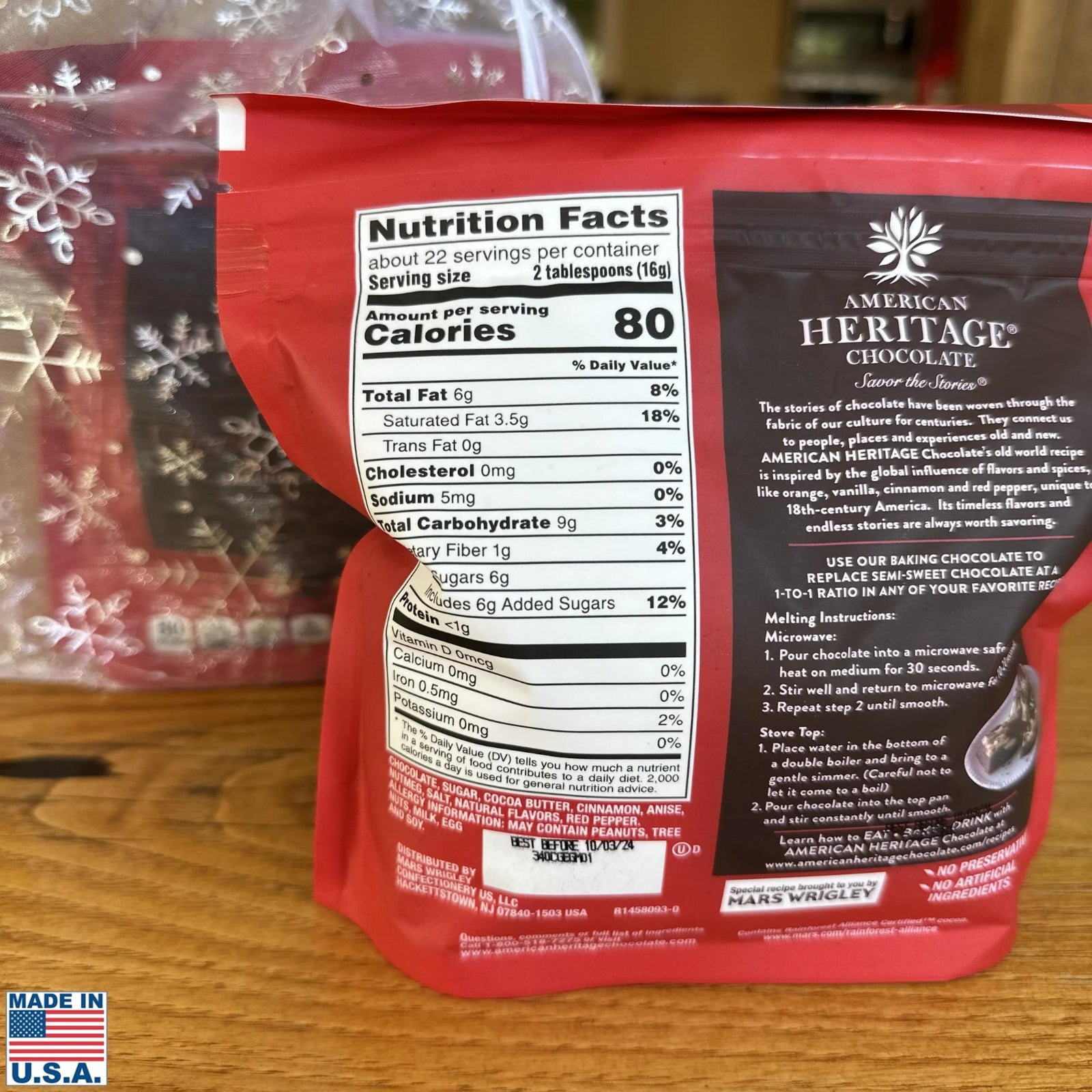 Nutrition facts from the Heritage Finely Grated Baking Chocolate for History Lovers from The History List store